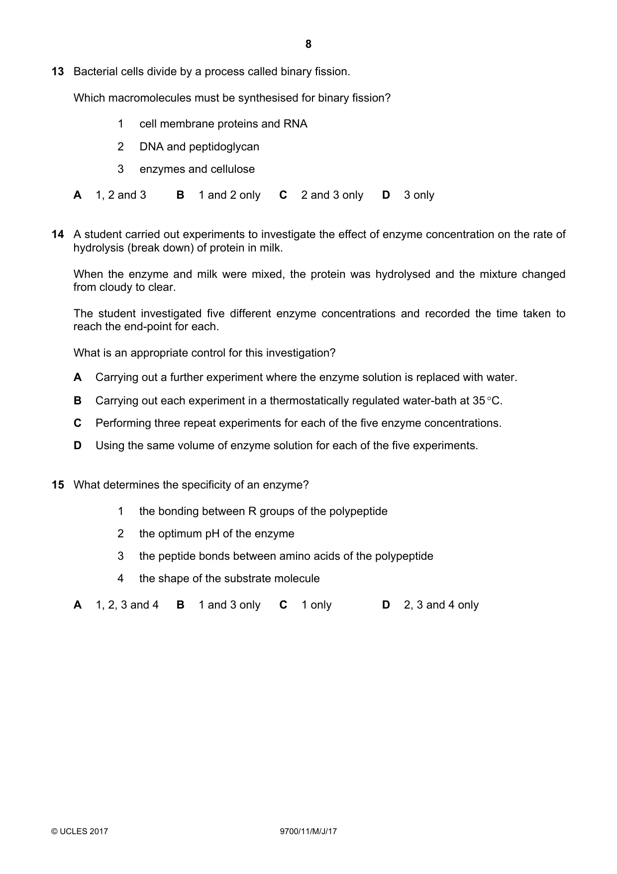 Cambridge A Level Biology 9700 2017 May/June Paper 1 · Variant 1 question paper, page 8 of 20
