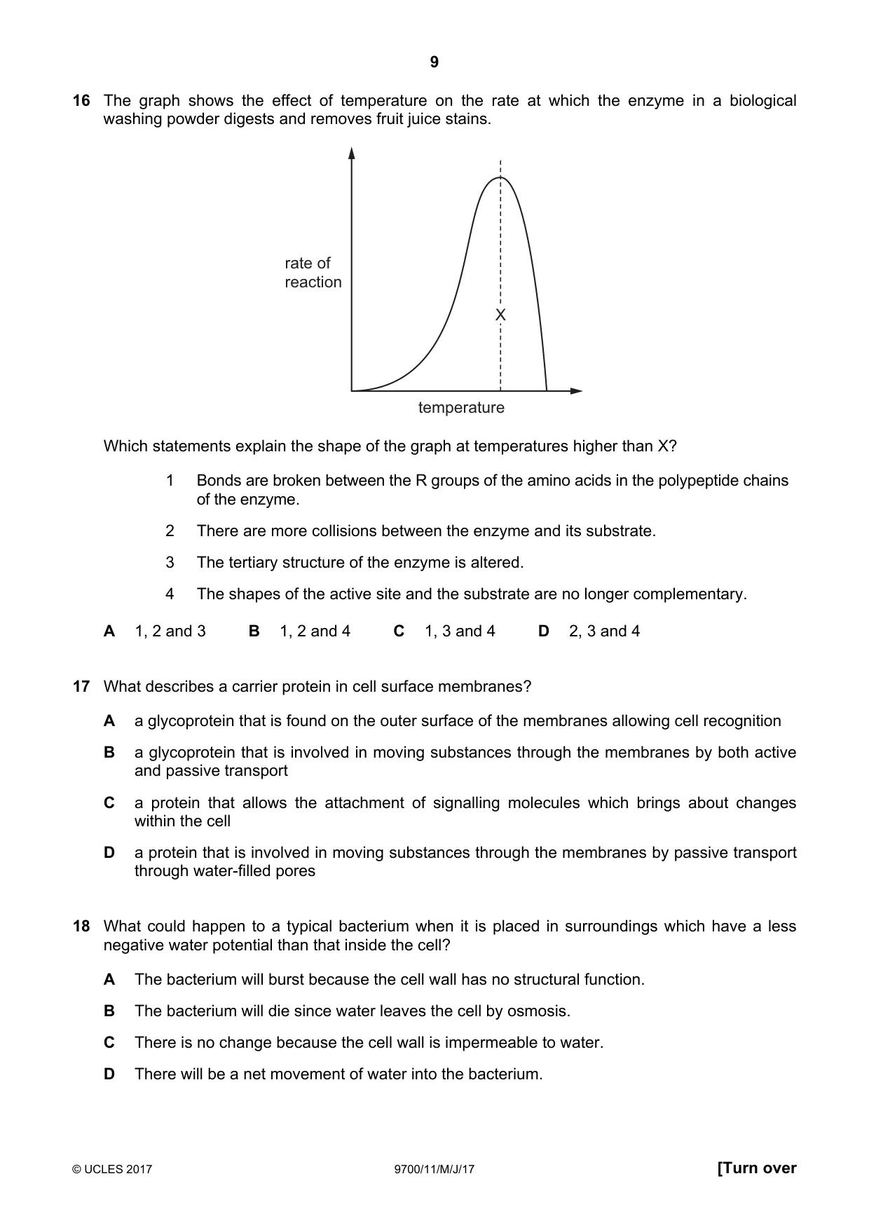 Cambridge A Level Biology 9700 2017 May/June Paper 1 · Variant 1 question paper, page 9 of 20