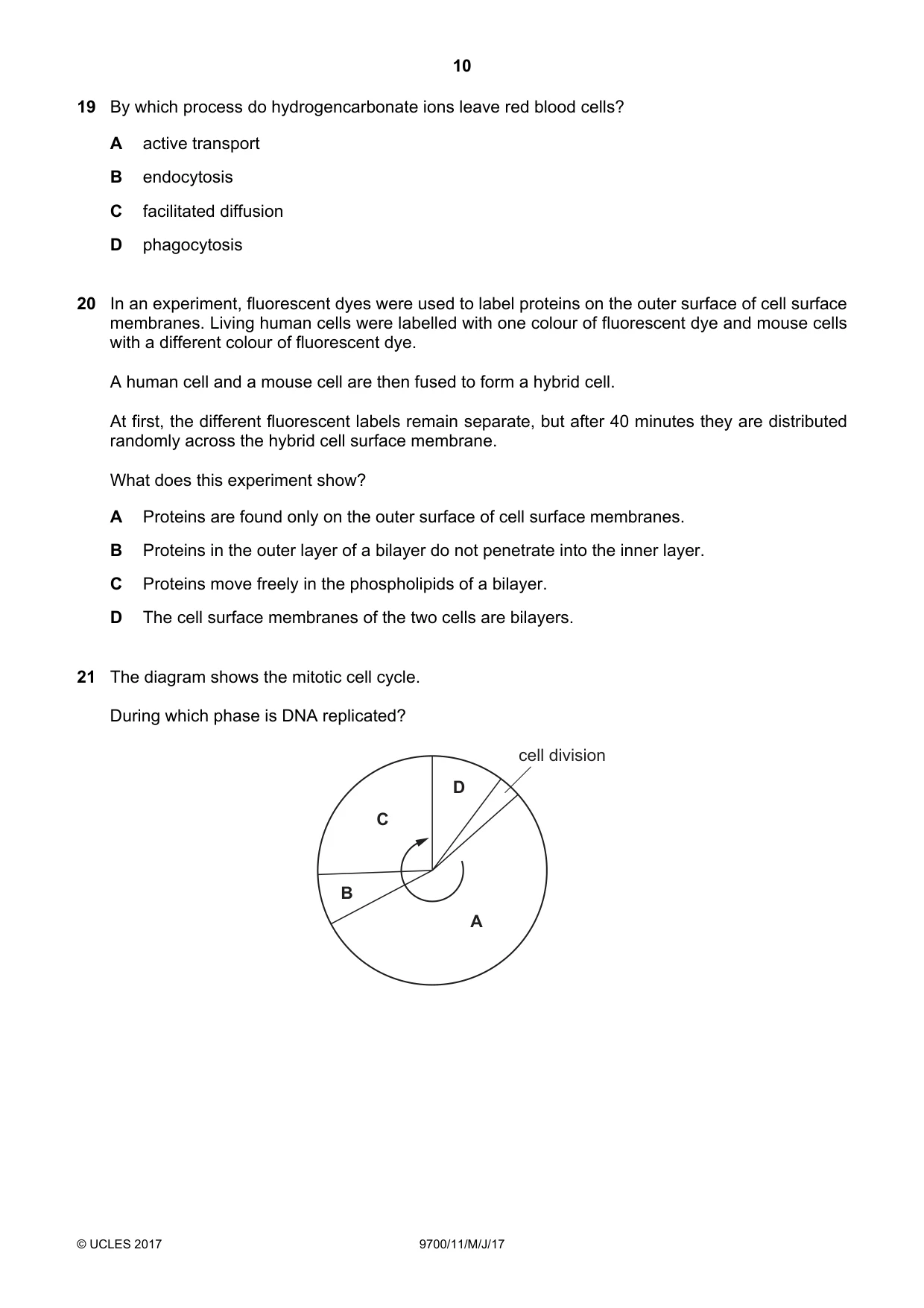 Cambridge A Level Biology 9700 2017 May/June Paper 1 · Variant 1 question paper, page 10 of 20