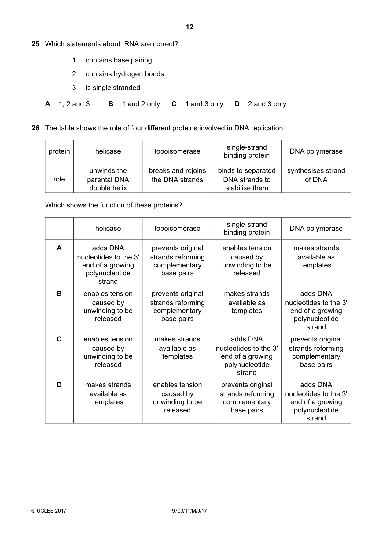 Cambridge A Level Biology 9700 2017 May/June Paper 1 · Variant 1 question paper, page 12 of 20