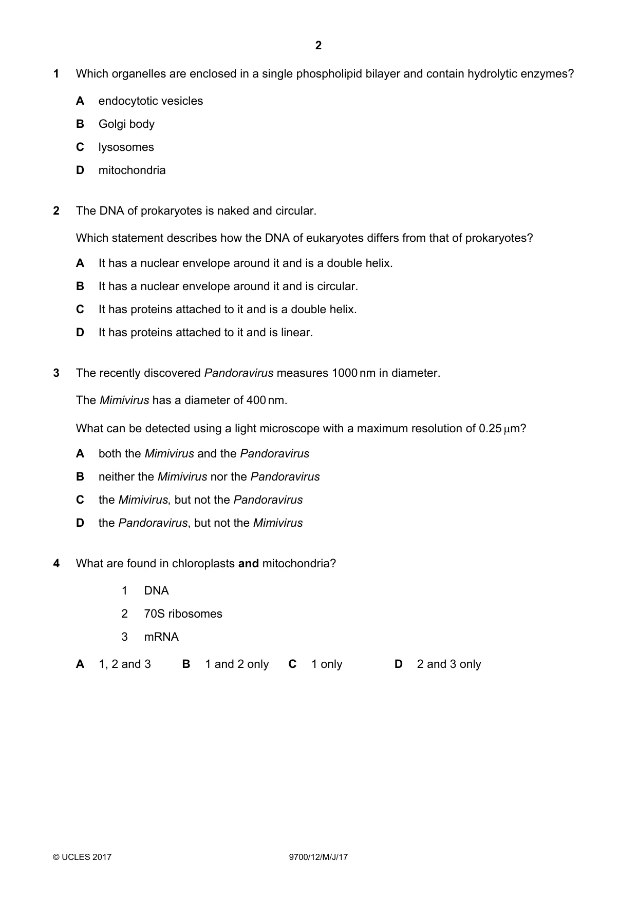 Cambridge A Level Biology 9700 2017 May/June Paper 1 · Variant 2 question paper, page 2 of 20