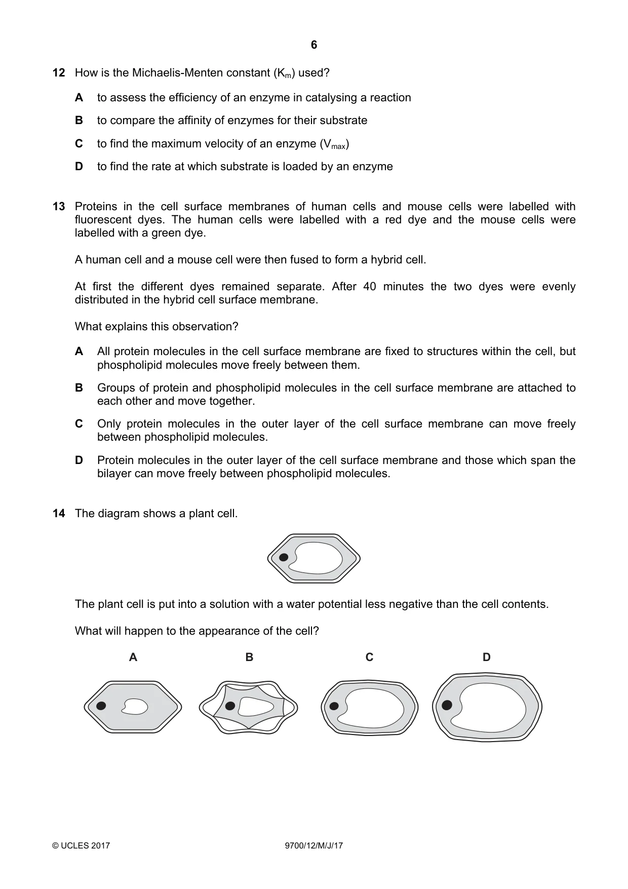 Cambridge A Level Biology 9700 2017 May/June Paper 1 · Variant 2 question paper, page 6 of 20