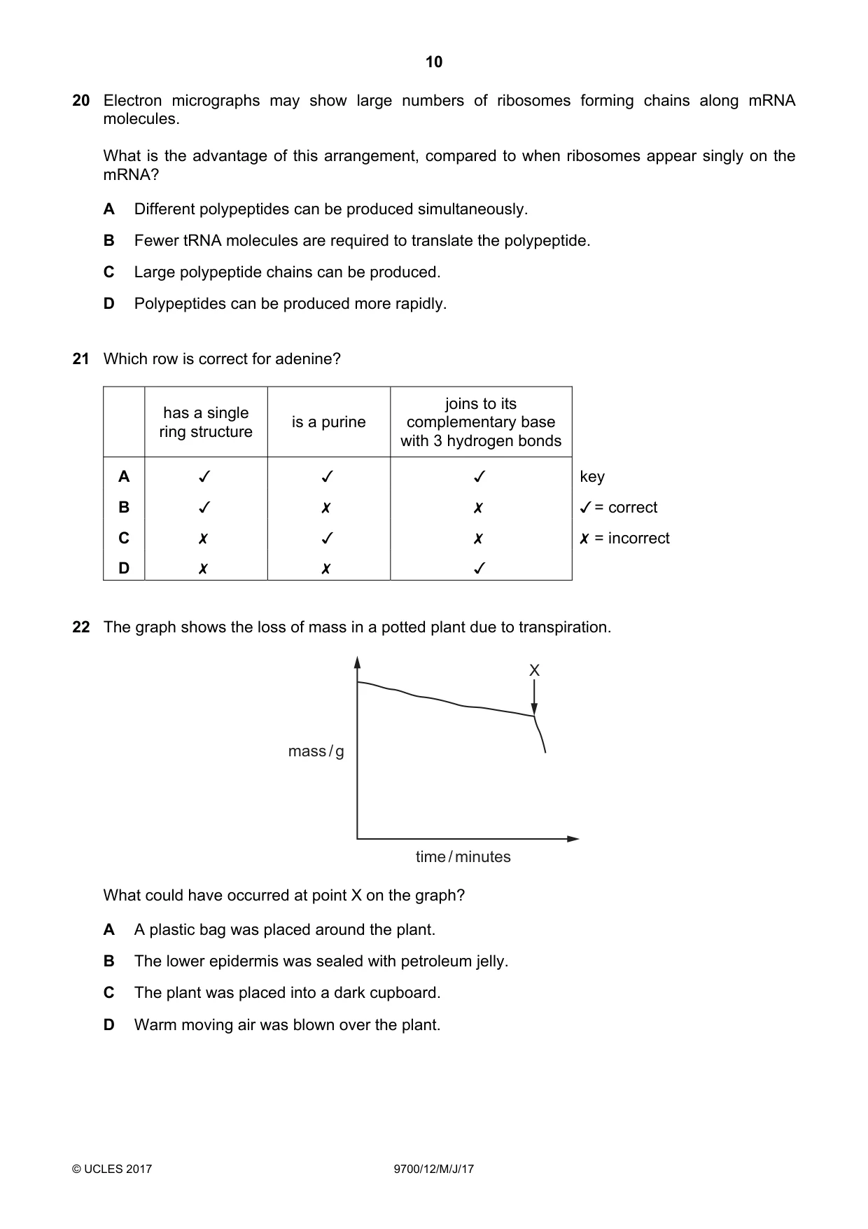 Cambridge A Level Biology 9700 2017 May/June Paper 1 · Variant 2 question paper, page 10 of 20