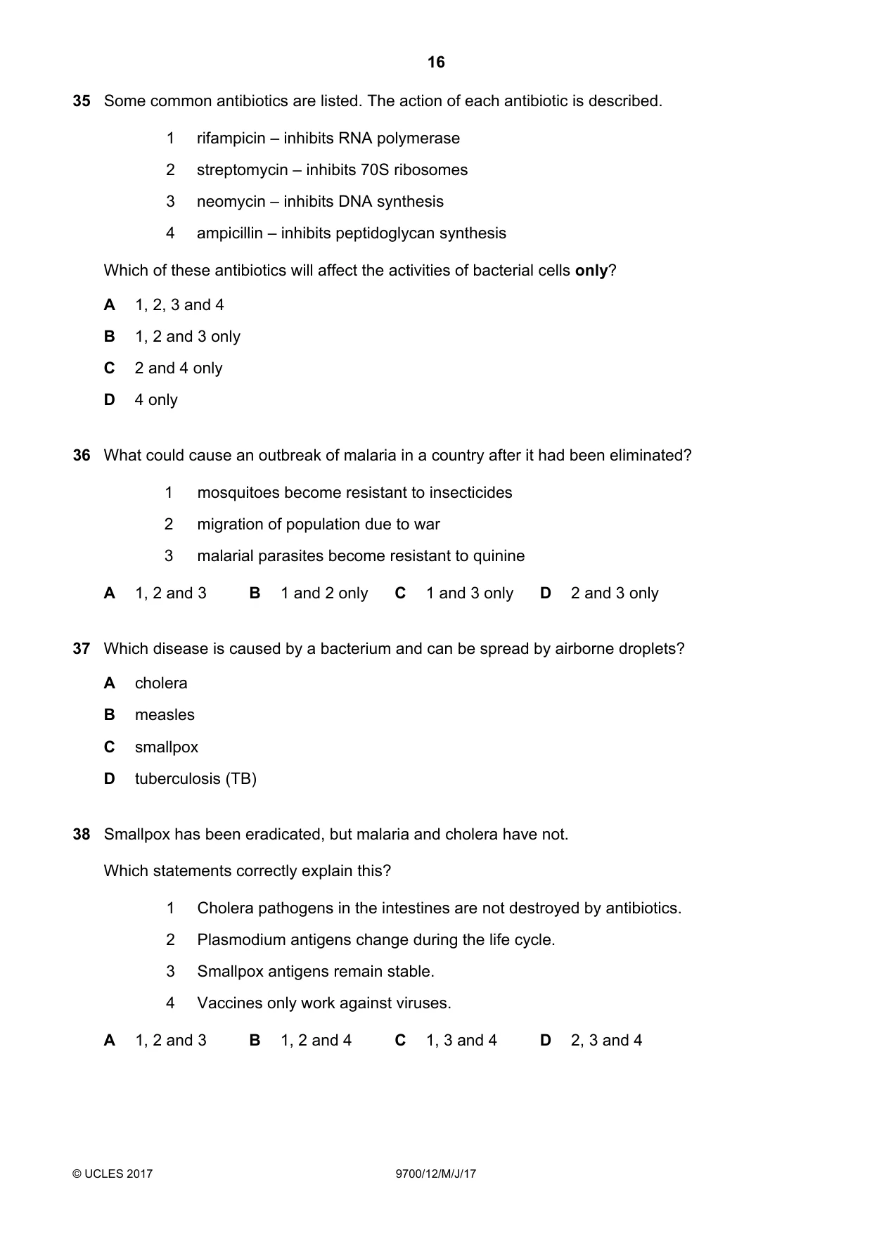 Cambridge A Level Biology 9700 2017 May/June Paper 1 · Variant 2 question paper, page 16 of 20