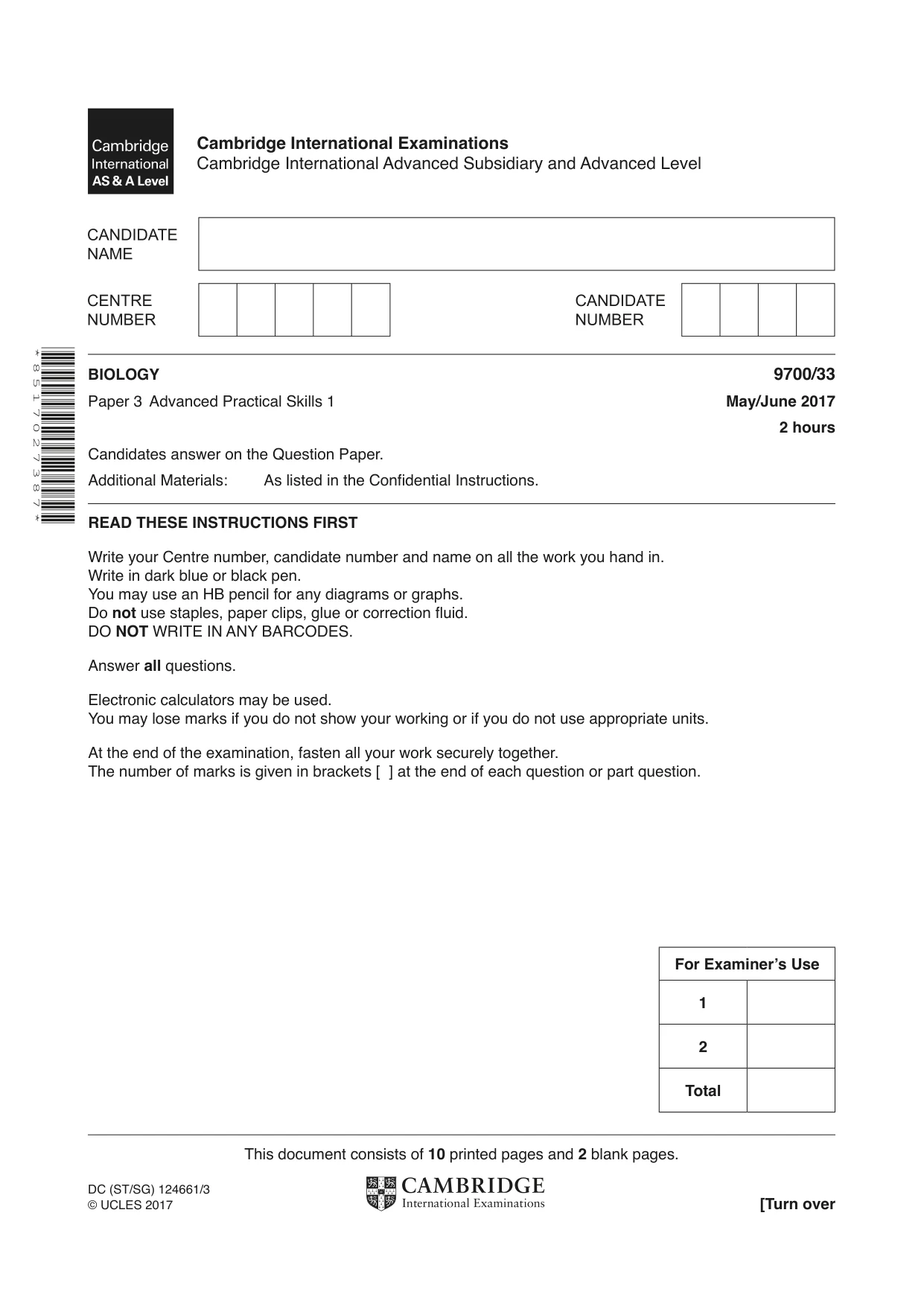 Cambridge A Level Biology 9700 2017 May/June Paper 3 · Variant 3 question paper, page 1 of 12