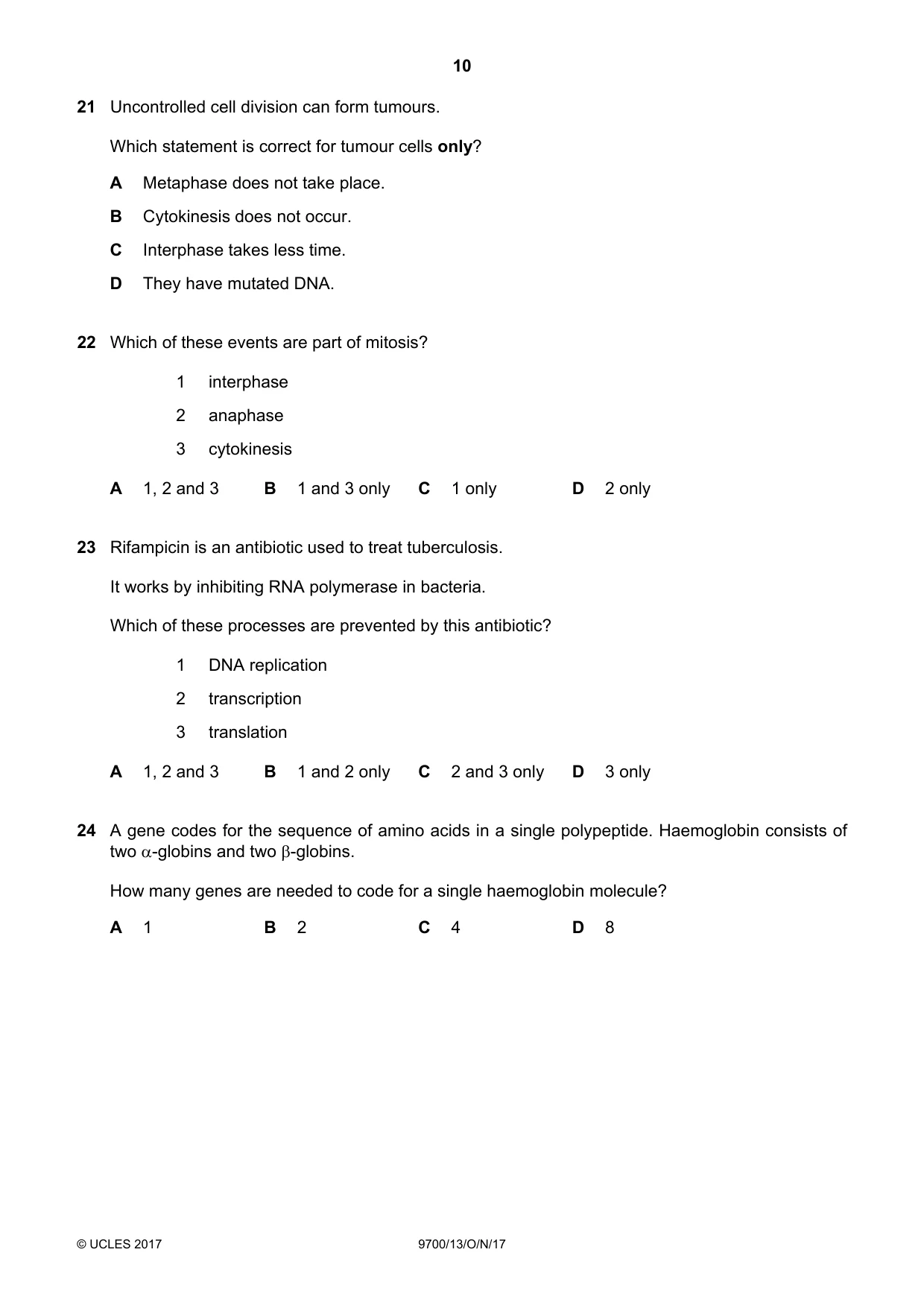 Cambridge A Level Biology 9700 2017 Oct/Nov Paper 1 · Variant 3 question paper, page 10 of 20