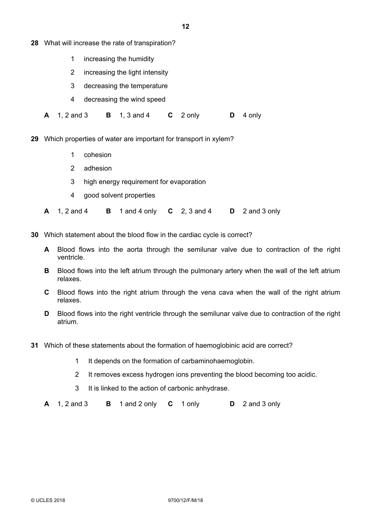 Cambridge A Level Biology 9700 2018 Feb/March Paper 1 · Variant 2 question paper, page 12 of 16