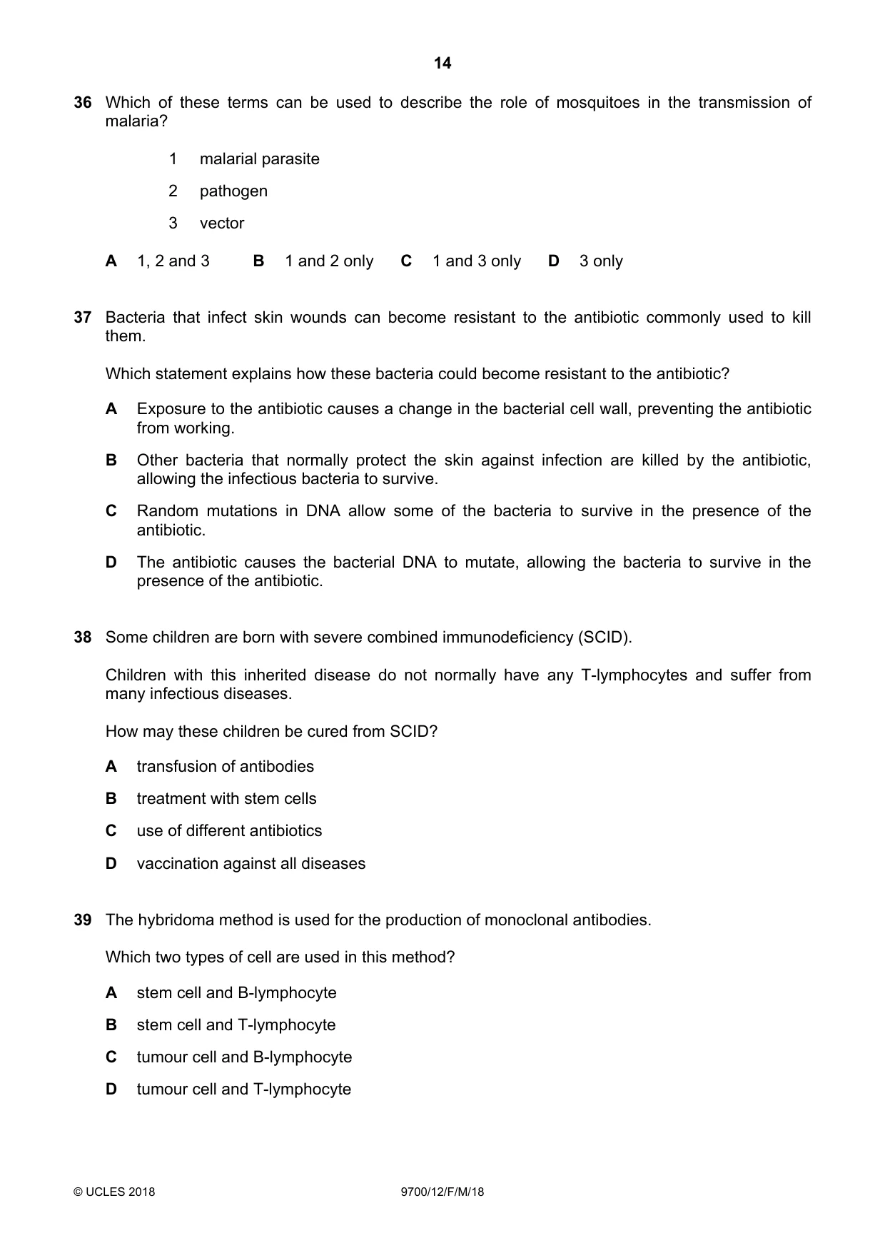 Cambridge A Level Biology 9700 2018 Feb/March Paper 1 · Variant 2 question paper, page 14 of 16