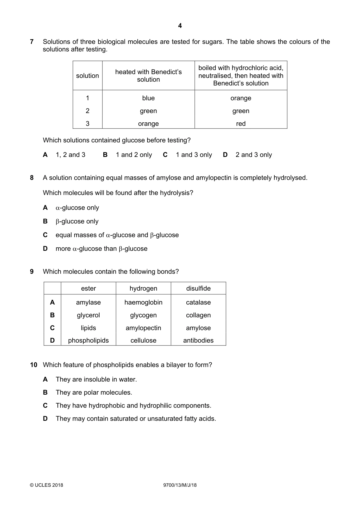 Cambridge A Level Biology 9700 2018 May/June Paper 1 · Variant 3 question paper, page 4 of 16