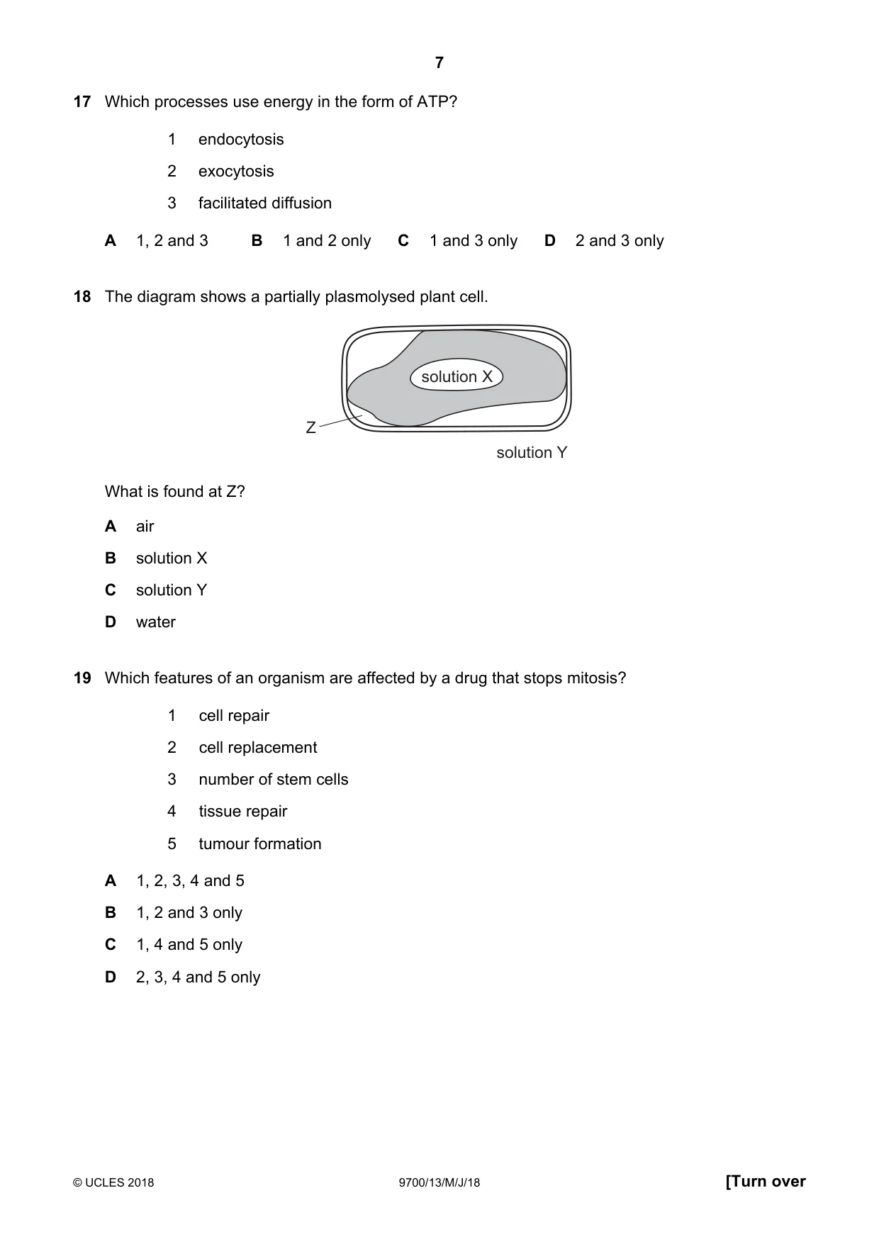 Cambridge A Level Biology 9700 2018 May/June Paper 1 · Variant 3 question paper, page 7 of 16