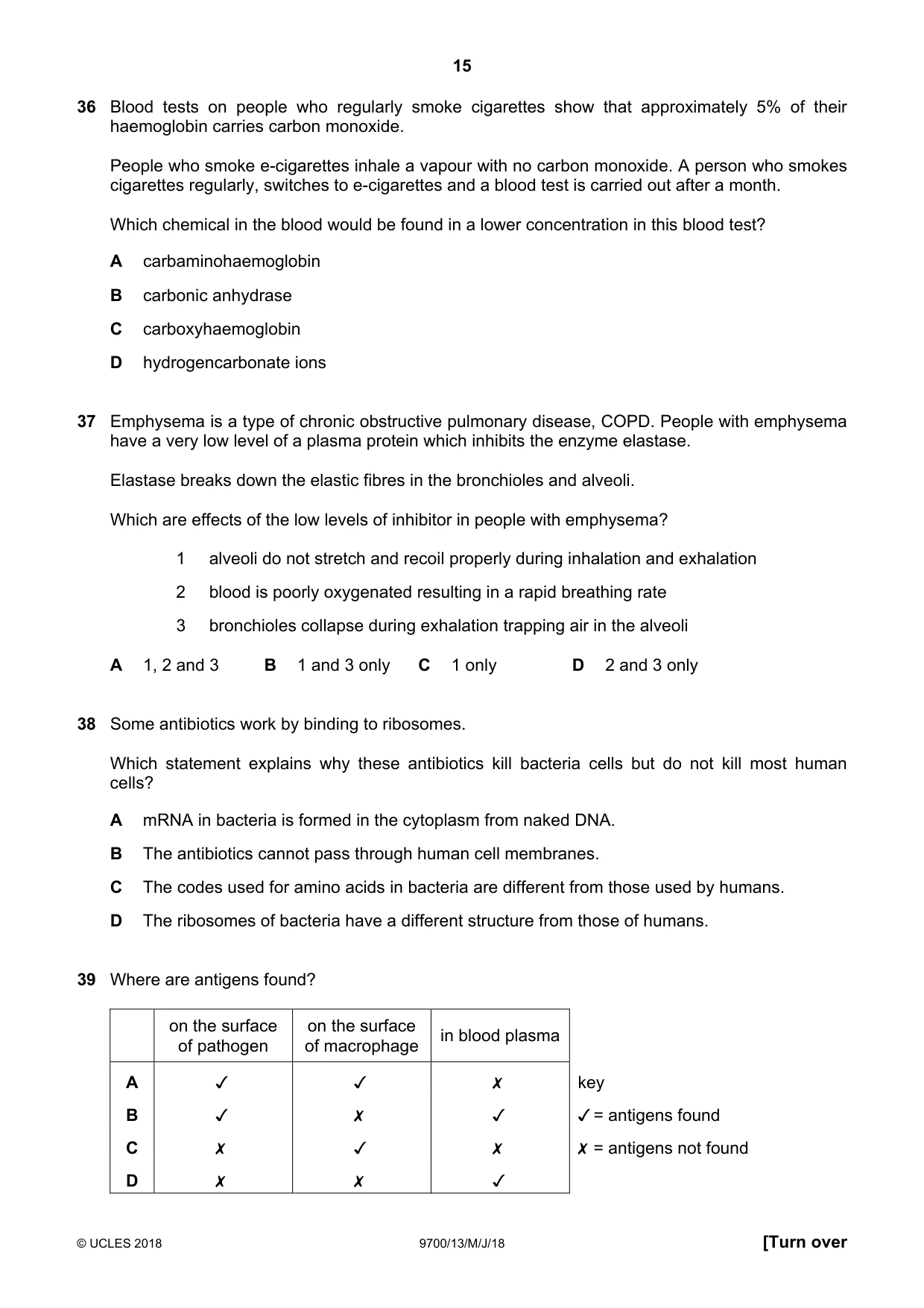 Cambridge A Level Biology 9700 2018 May/June Paper 1 · Variant 3 question paper, page 15 of 16