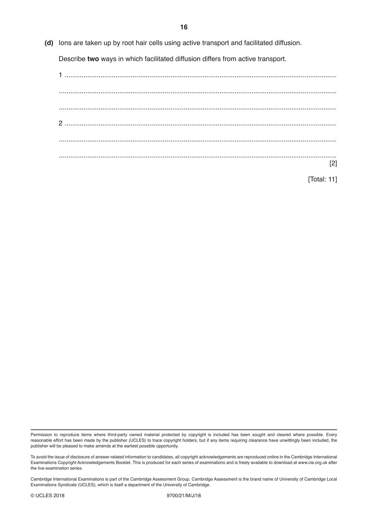 Cambridge A Level Biology 9700 2018 May/June Paper 2 · Variant 1 question paper, page 16 of 16