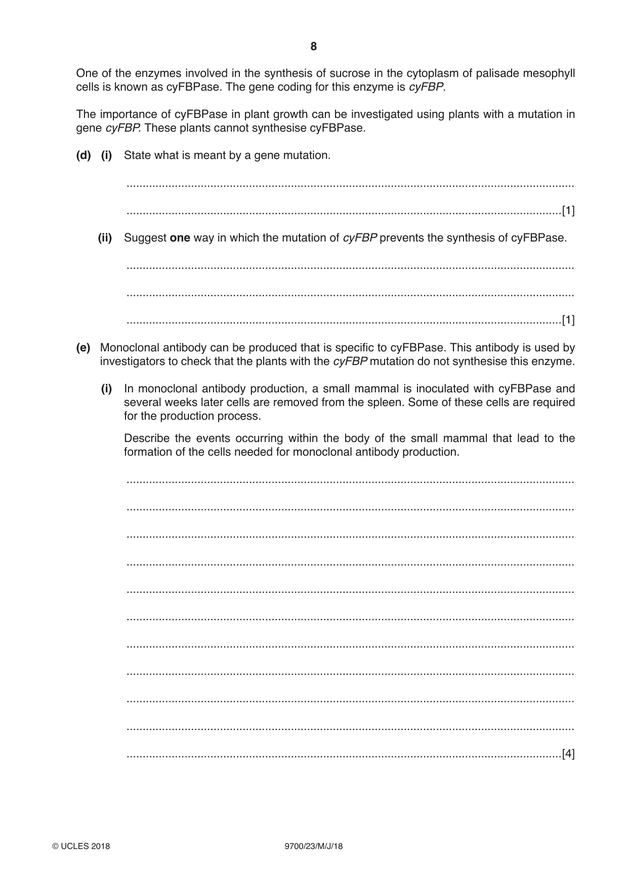 Cambridge A Level Biology 9700 2018 May/June Paper 2 · Variant 3 question paper, page 8 of 20