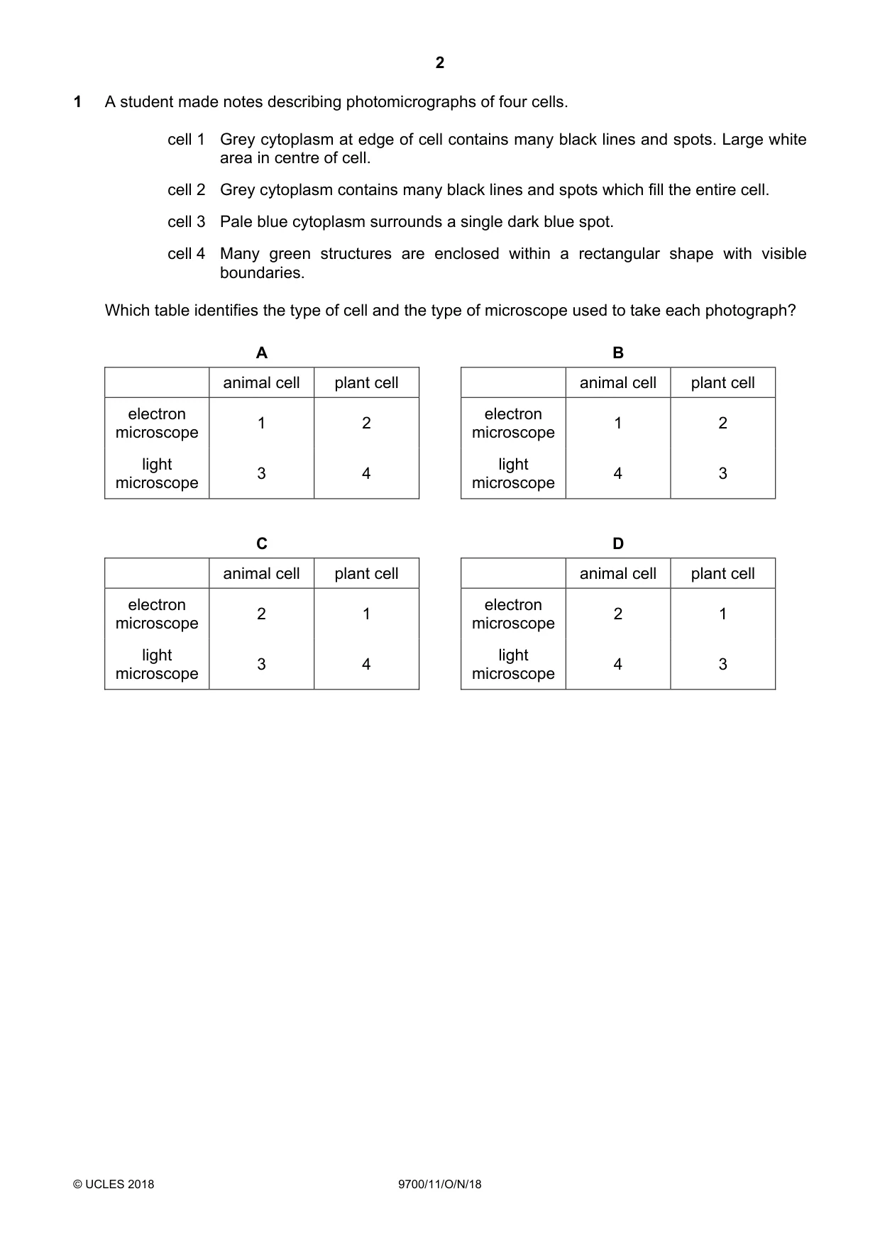 Cambridge A Level Biology 9700 2018 Oct/Nov Paper 1 · Variant 1 question paper, page 2 of 16