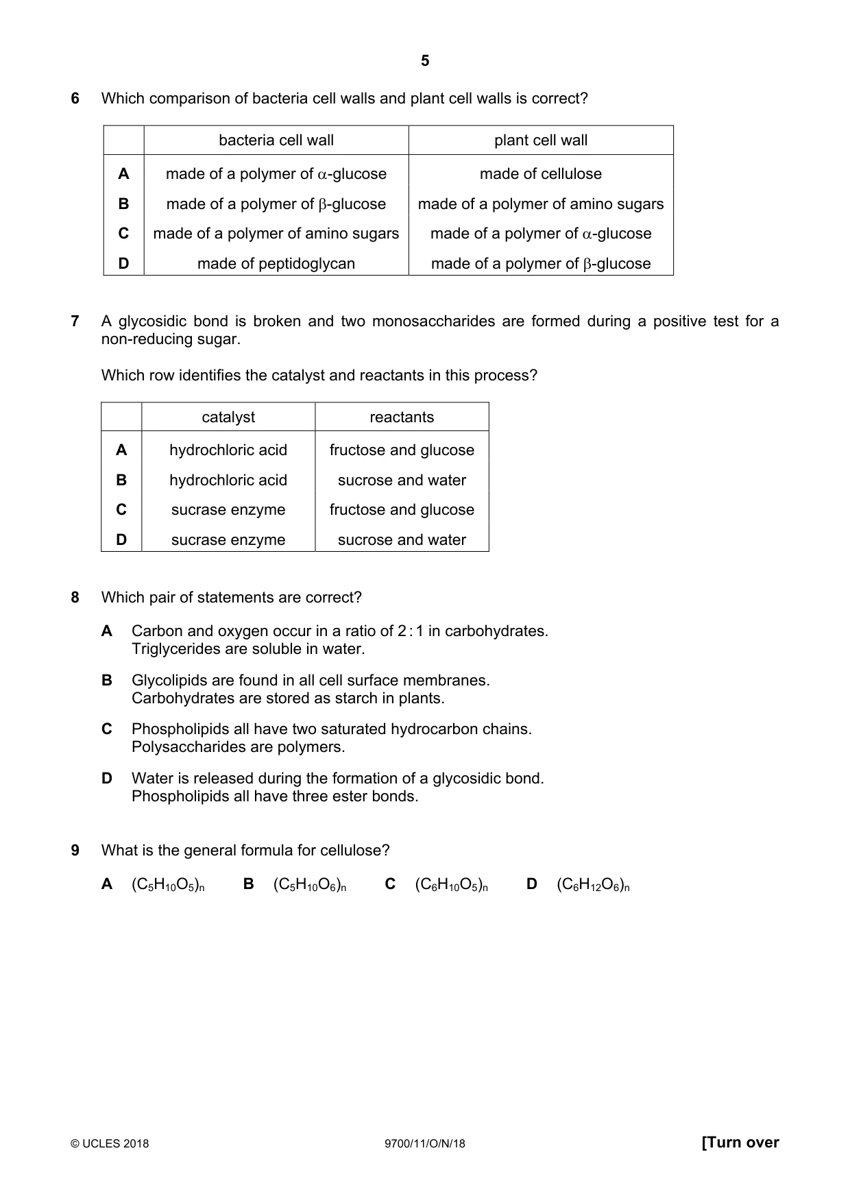 Cambridge A Level Biology 9700 2018 Oct/Nov Paper 1 · Variant 1 question paper, page 5 of 16