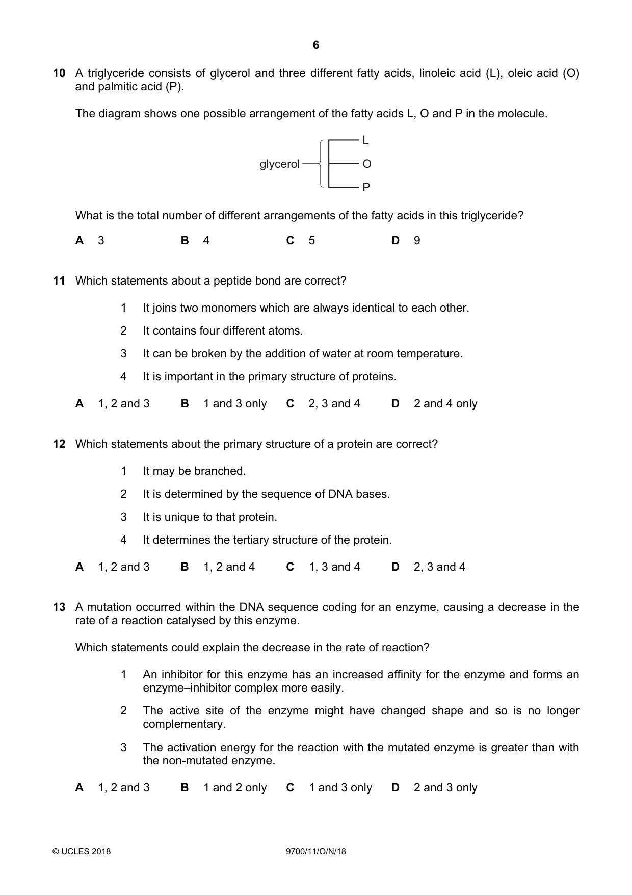 Cambridge A Level Biology 9700 2018 Oct/Nov Paper 1 · Variant 1 question paper, page 6 of 16