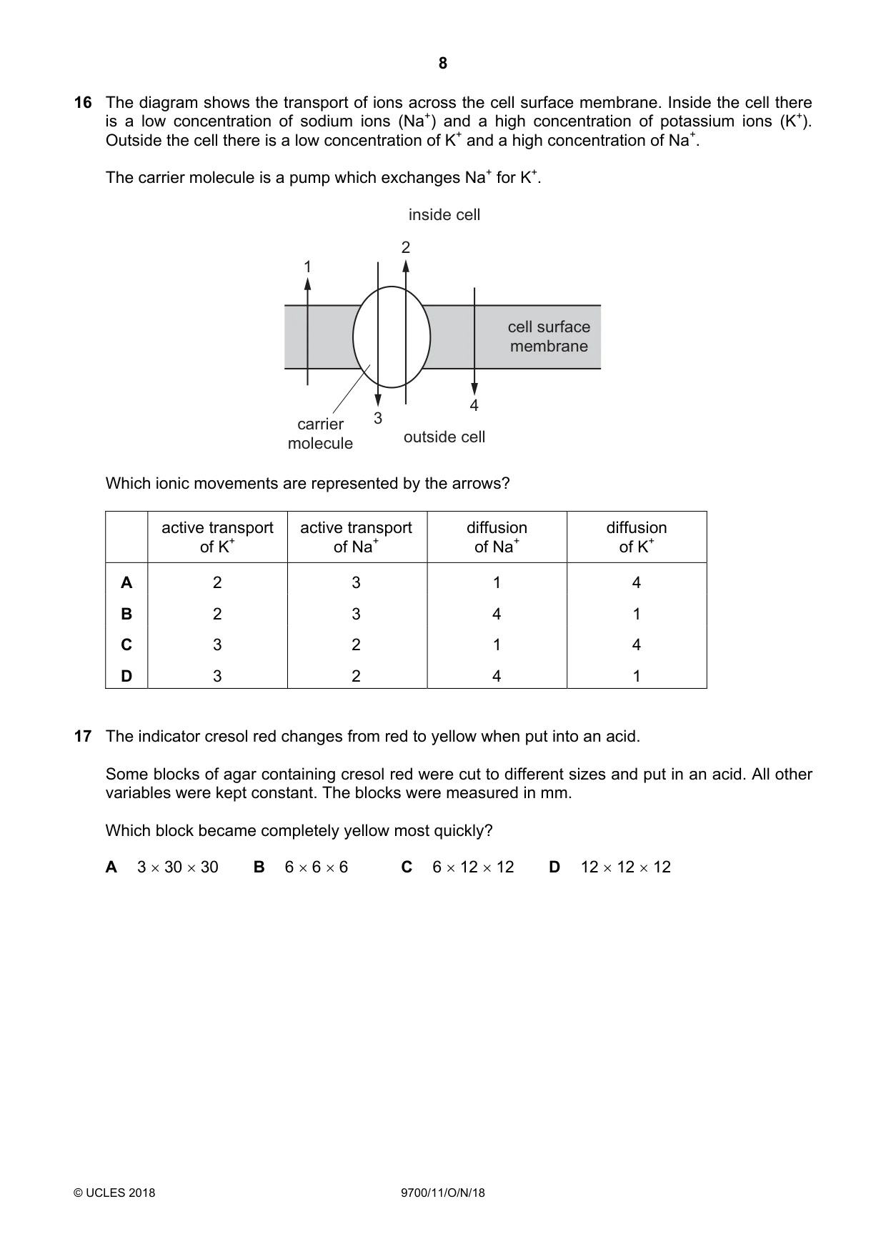 Cambridge A Level Biology 9700 2018 Oct/Nov Paper 1 · Variant 1 question paper, page 8 of 16