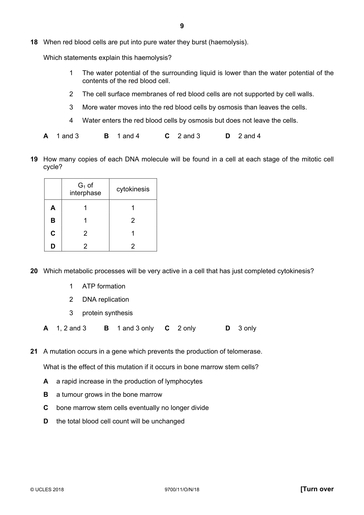 Cambridge A Level Biology 9700 2018 Oct/Nov Paper 1 · Variant 1 question paper, page 9 of 16