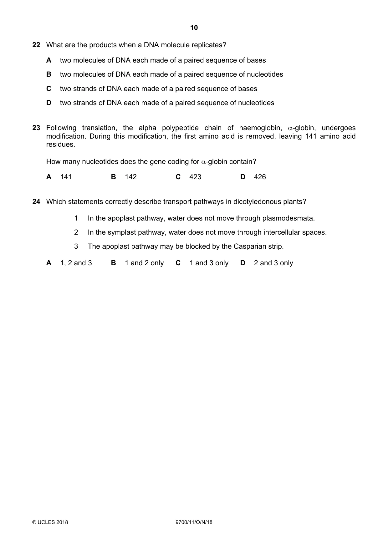 Cambridge A Level Biology 9700 2018 Oct/Nov Paper 1 · Variant 1 question paper, page 10 of 16
