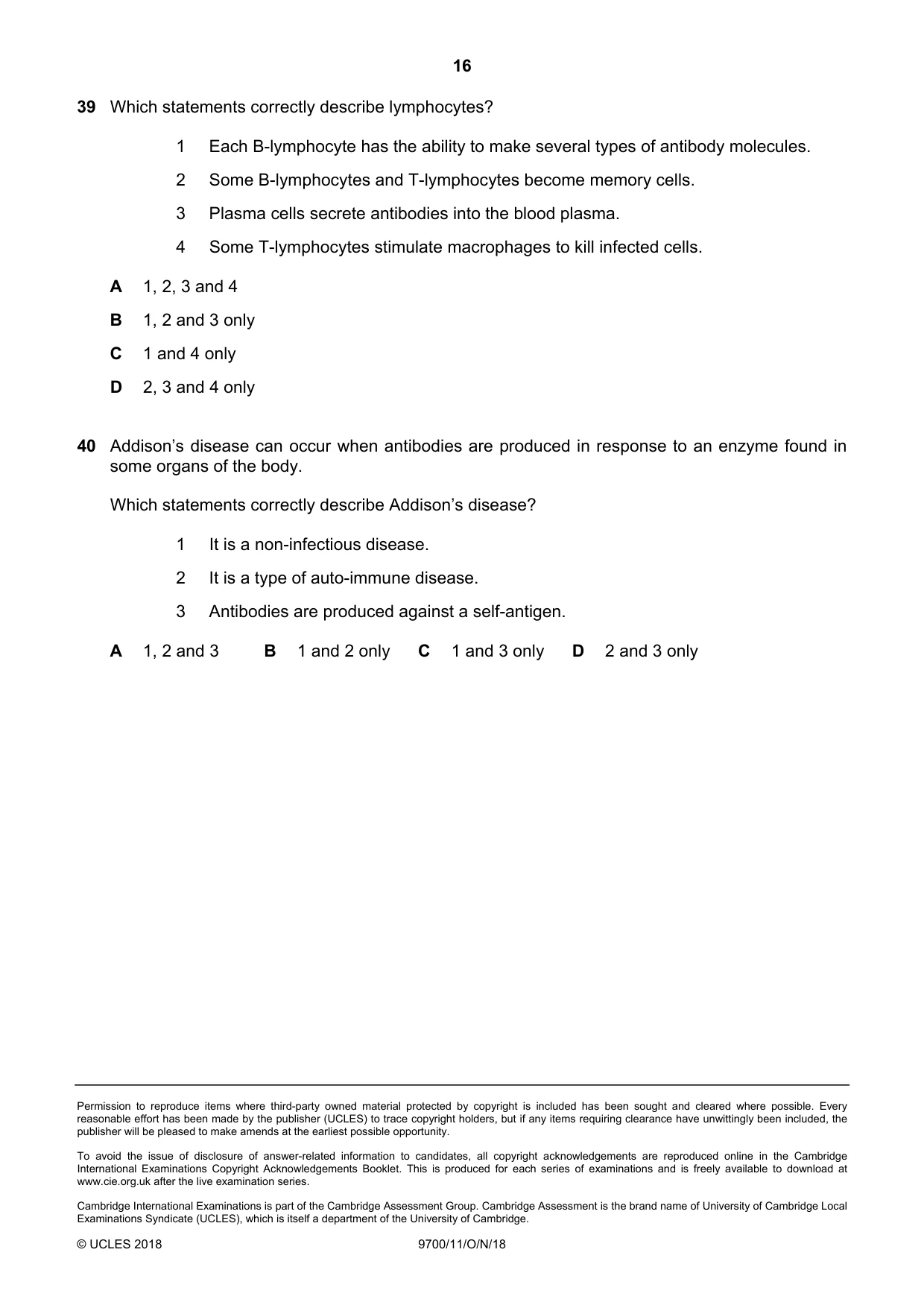 Cambridge A Level Biology 9700 2018 Oct/Nov Paper 1 · Variant 1 question paper, page 16 of 16