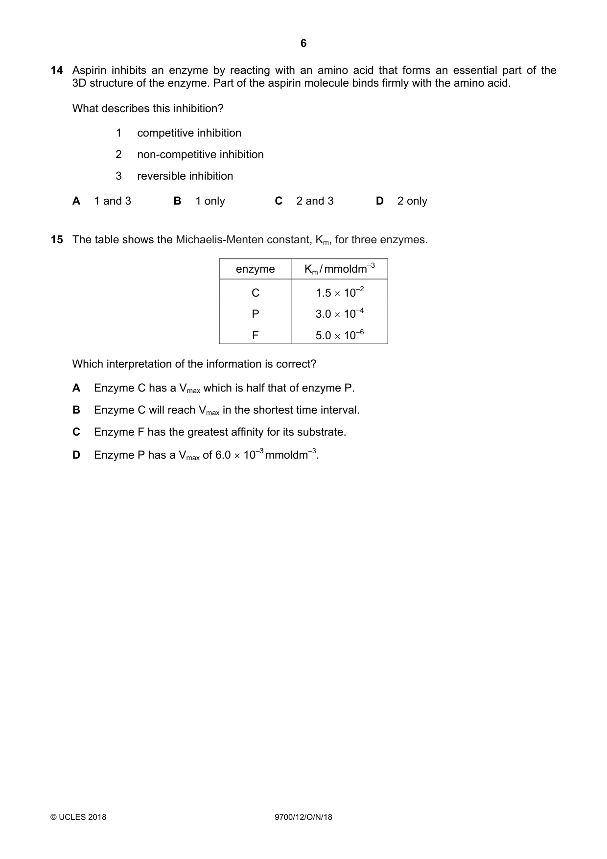 Cambridge A Level Biology 9700 2018 Oct/Nov Paper 1 · Variant 2 question paper, page 6 of 16