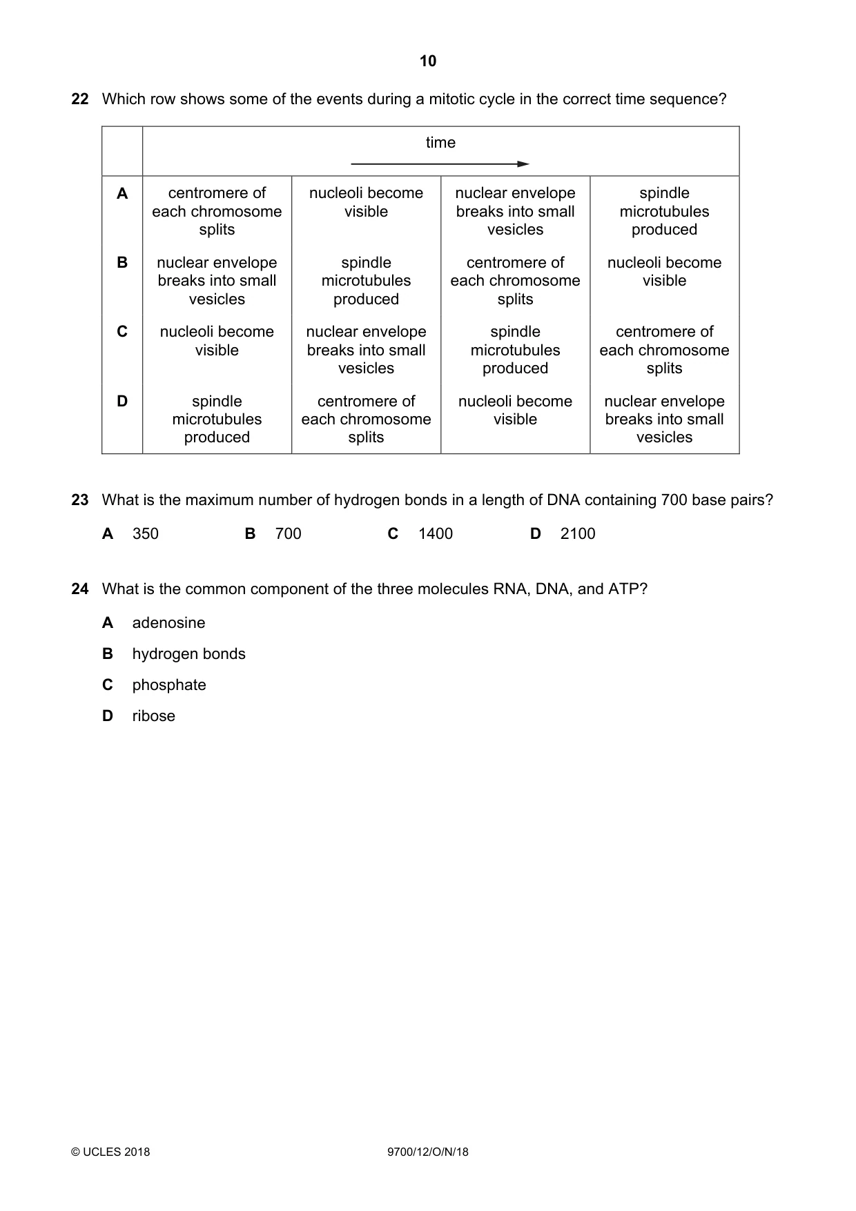 Cambridge A Level Biology 9700 2018 Oct/Nov Paper 1 · Variant 2 question paper, page 10 of 16