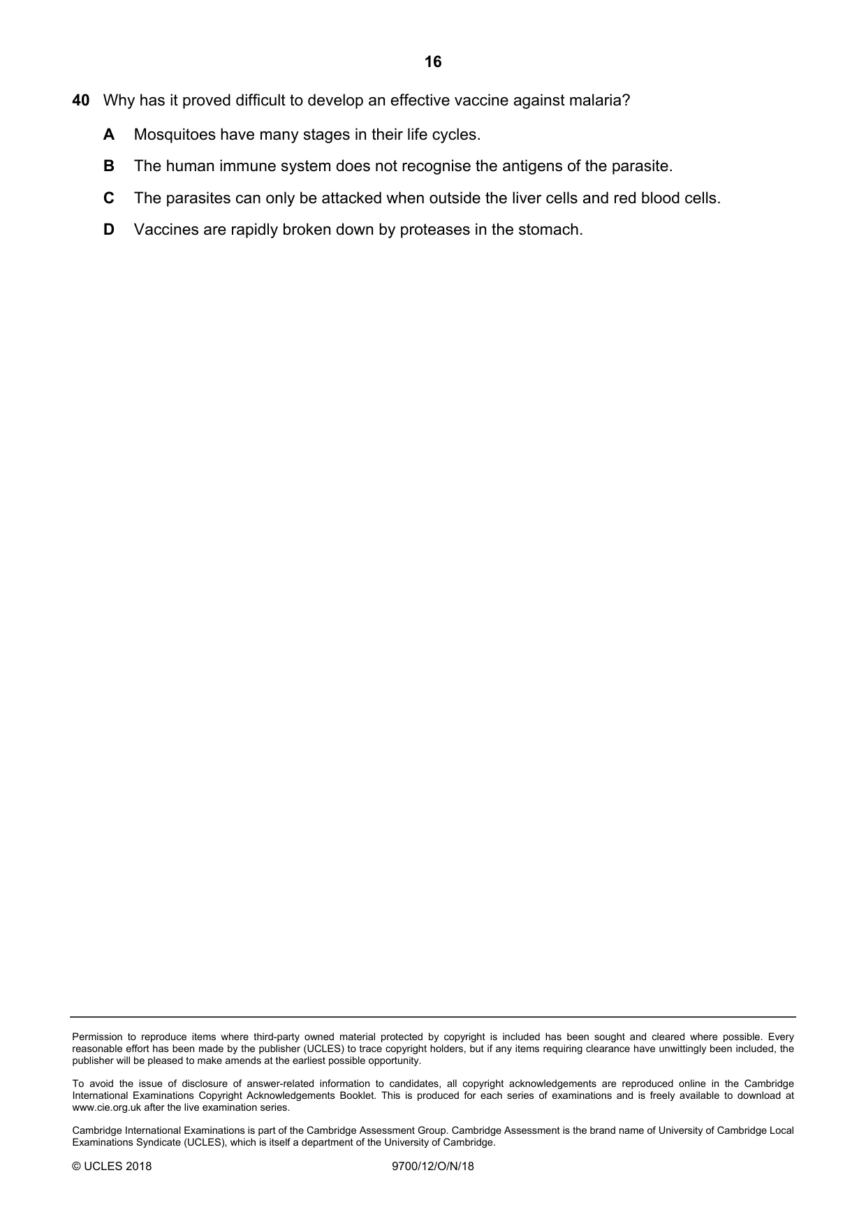 Cambridge A Level Biology 9700 2018 Oct/Nov Paper 1 · Variant 2 question paper, page 16 of 16