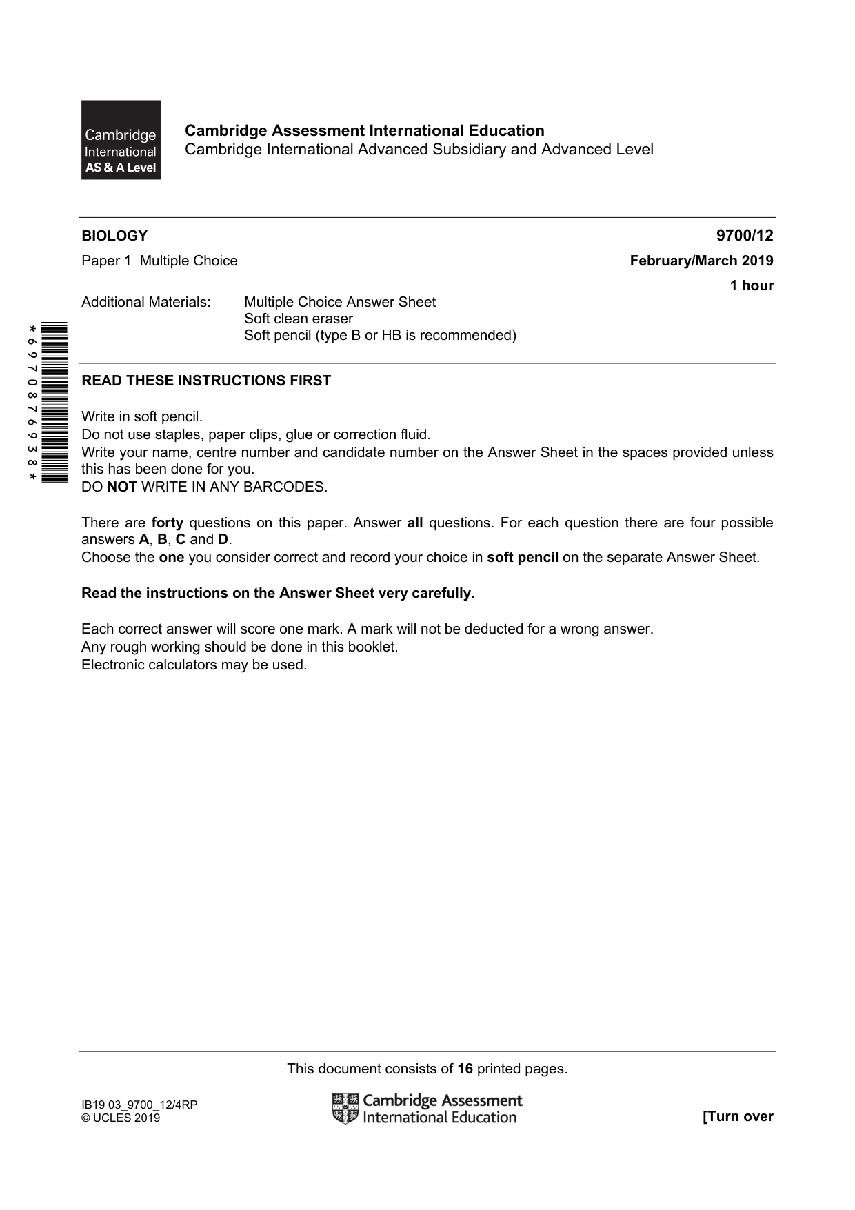 Cambridge A Level Biology 9700 2019 Feb/March Paper 1 · Variant 2 question paper, page 1 of 16