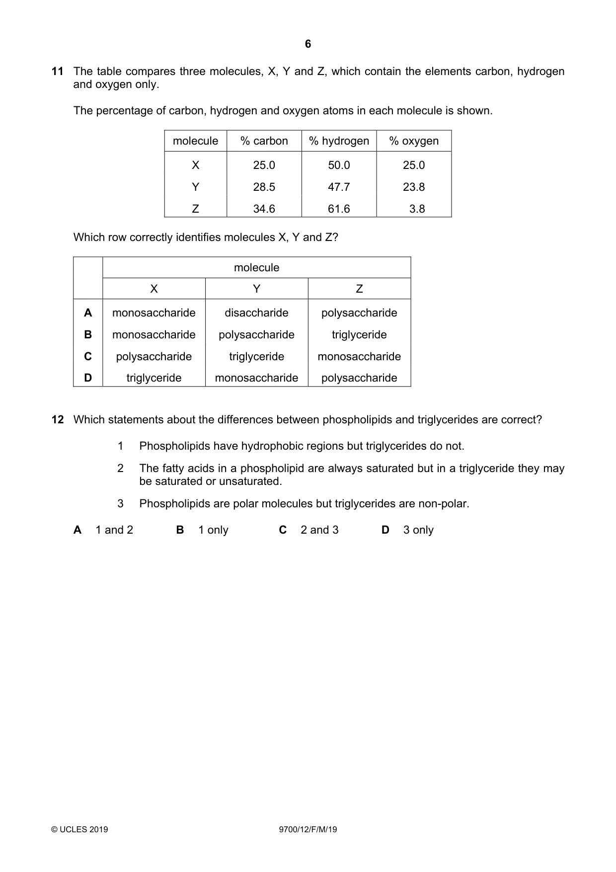 Cambridge A Level Biology 9700 2019 Feb/March Paper 1 · Variant 2 question paper, page 6 of 16
