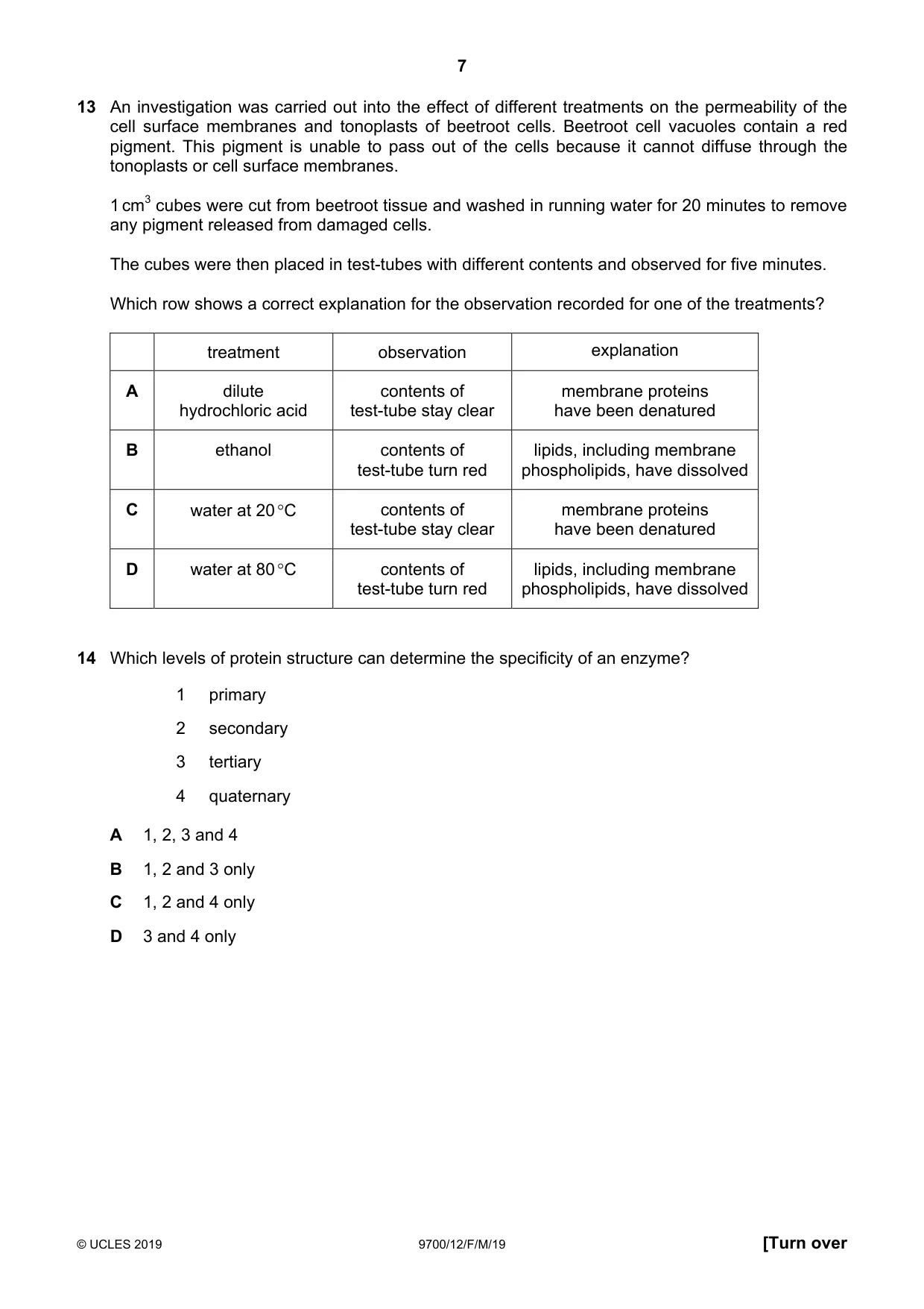 Cambridge A Level Biology 9700 2019 Feb/March Paper 1 · Variant 2 question paper, page 7 of 16