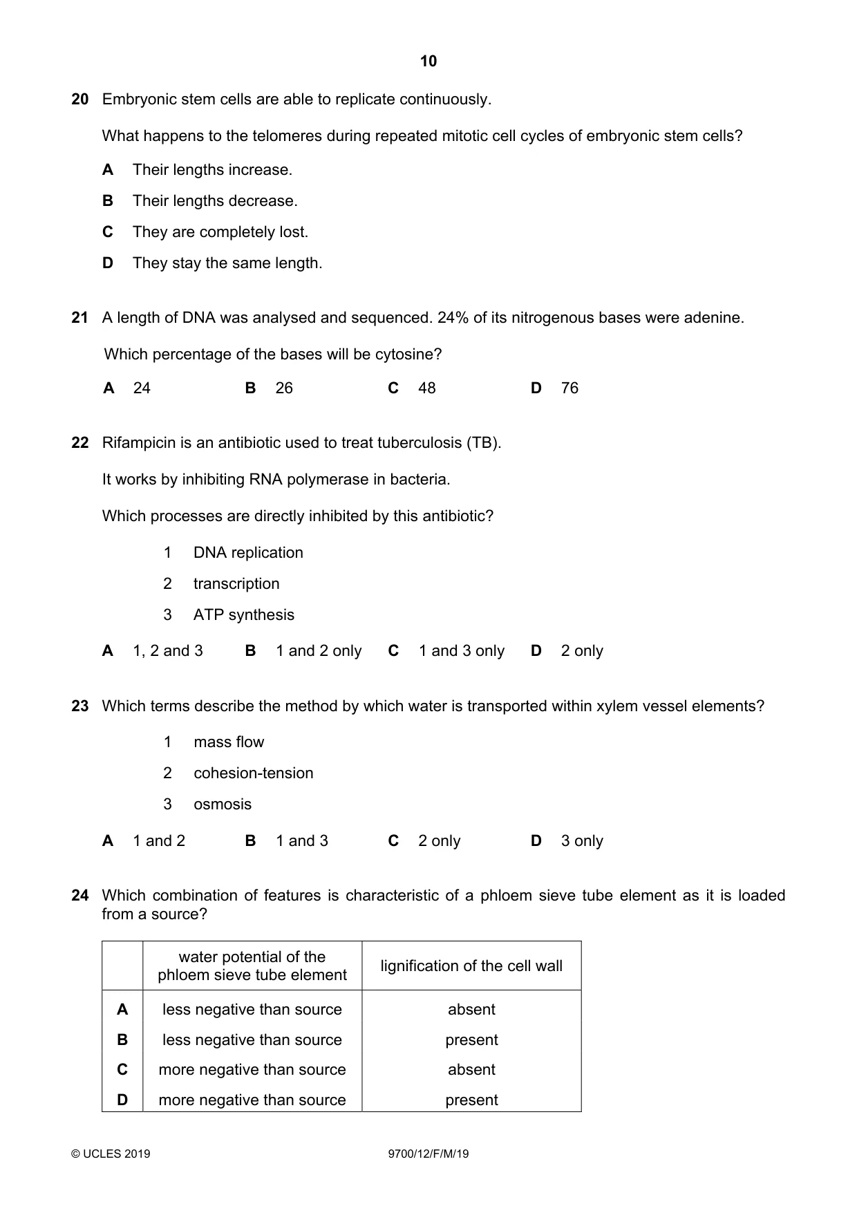 Cambridge A Level Biology 9700 2019 Feb/March Paper 1 · Variant 2 question paper, page 10 of 16