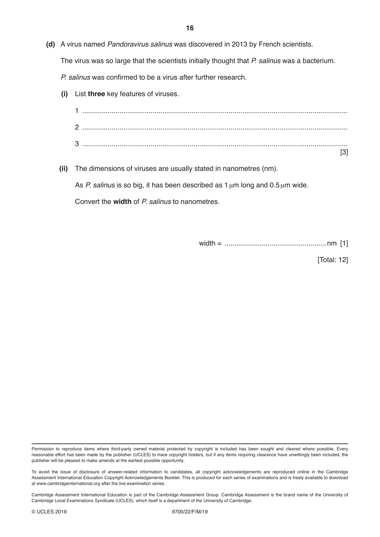 Cambridge A Level Biology 9700 2019 Feb/March Paper 2 · Variant 2 question paper, page 16 of 16