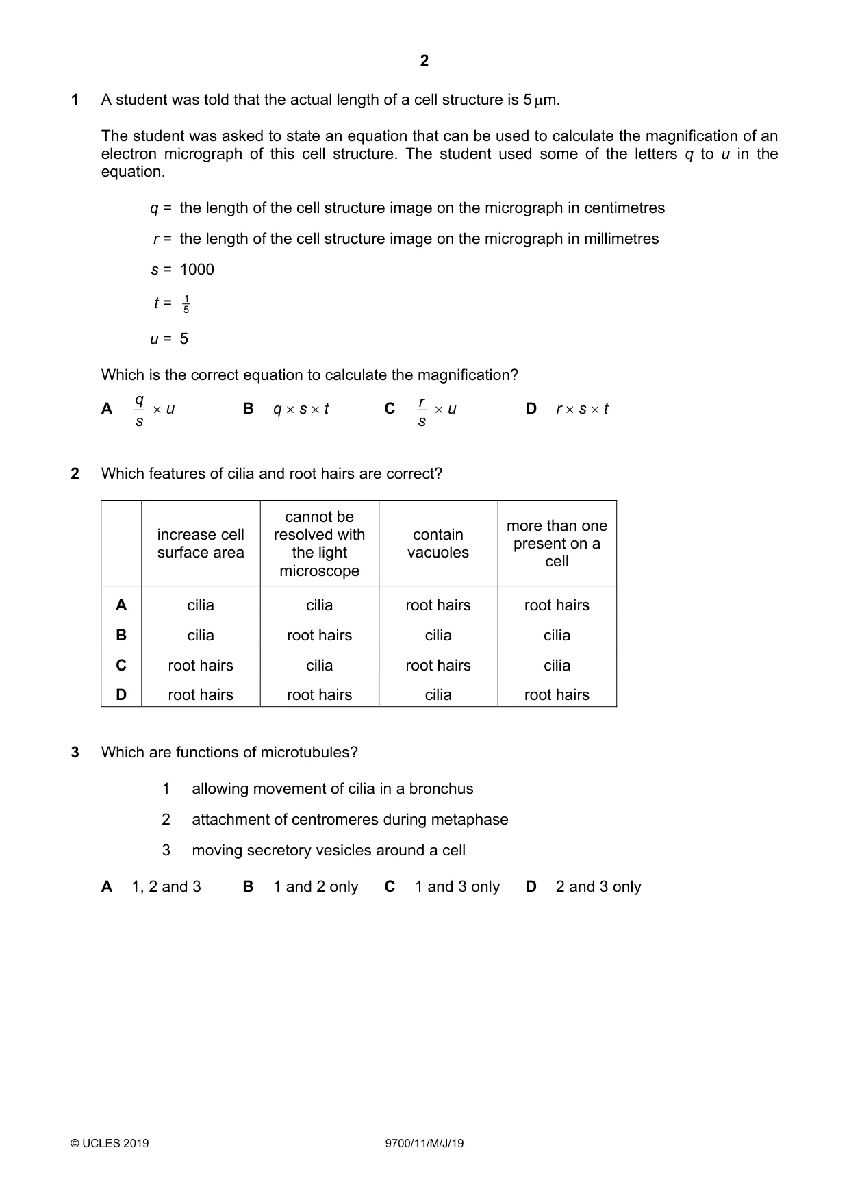 Cambridge A Level Biology 9700 2019 May/June Paper 1 · Variant 1 question paper, page 2 of 16