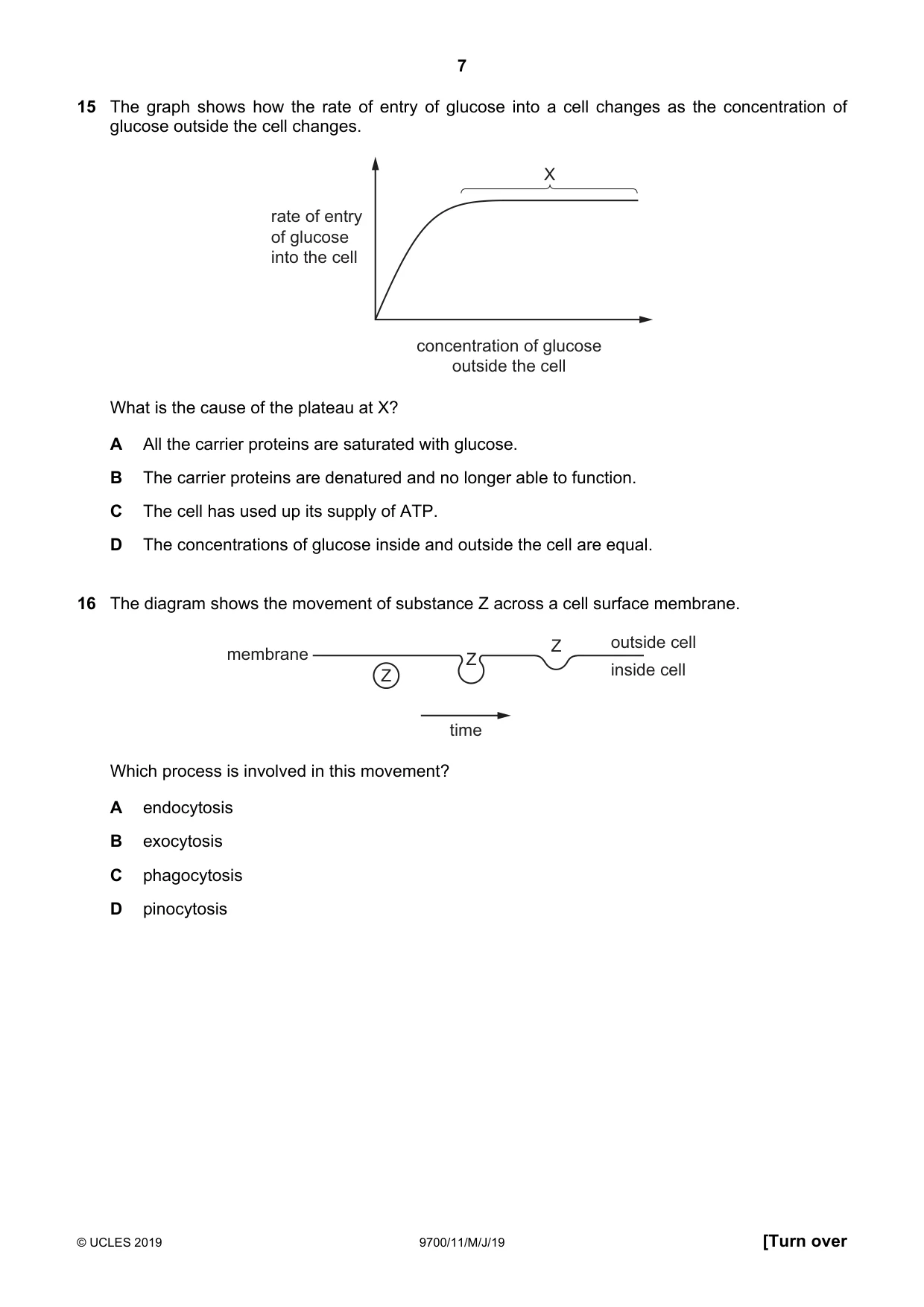 Cambridge A Level Biology 9700 2019 May/June Paper 1 · Variant 1 question paper, page 7 of 16