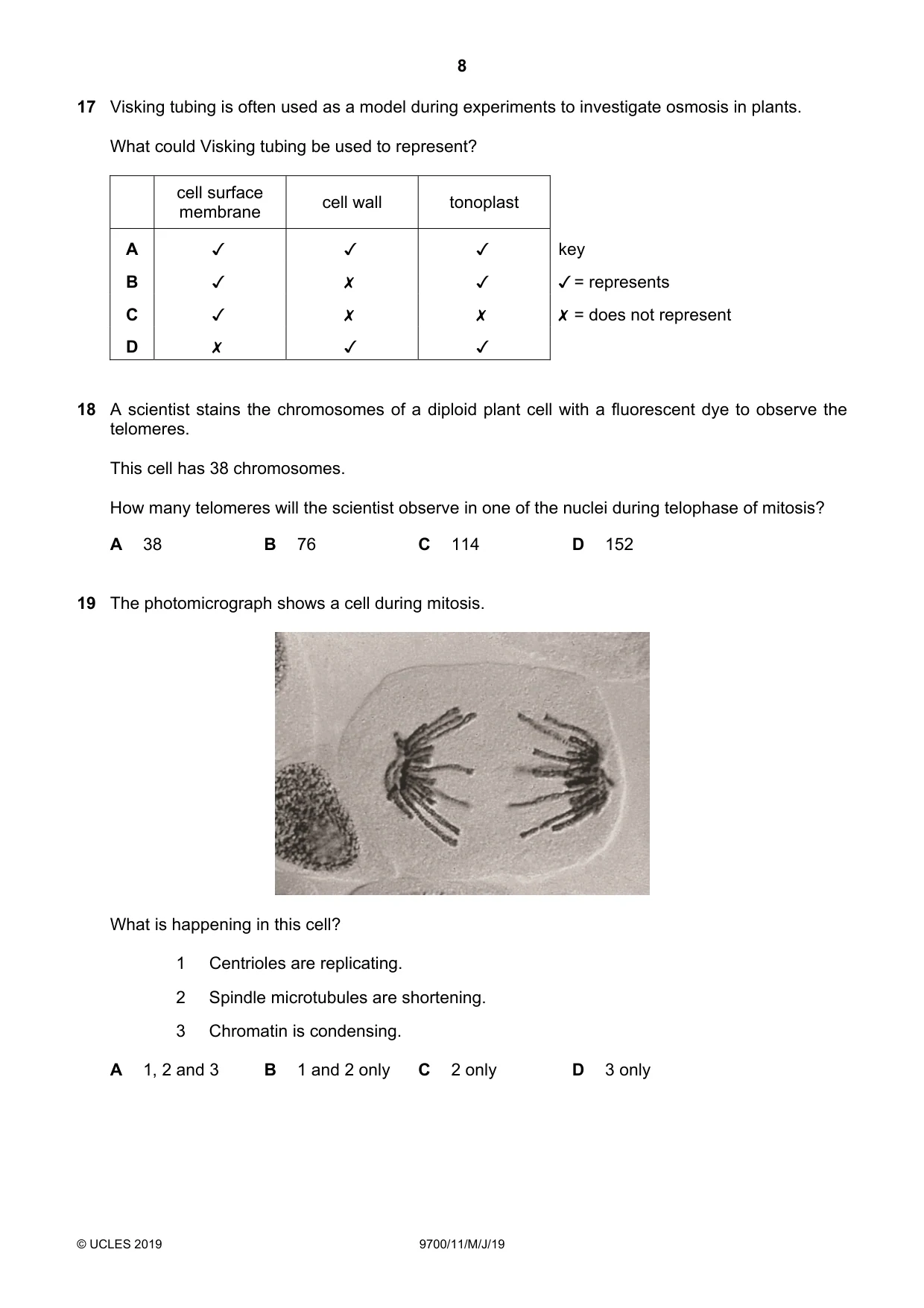 Cambridge A Level Biology 9700 2019 May/June Paper 1 · Variant 1 question paper, page 8 of 16