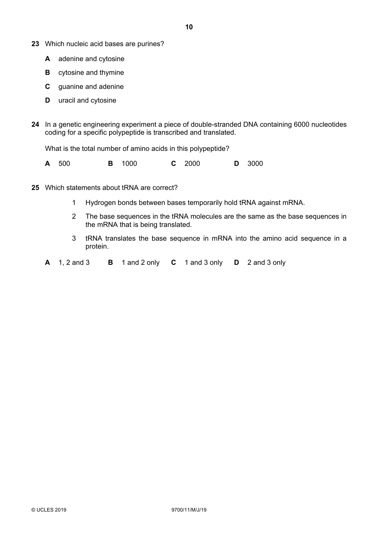 Cambridge A Level Biology 9700 2019 May/June Paper 1 · Variant 1 question paper, page 10 of 16