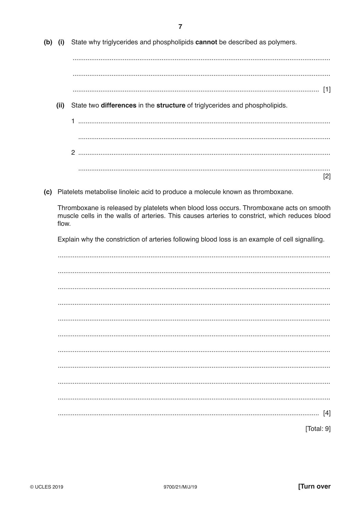 Cambridge A Level Biology 9700 2019 May/June Paper 2 · Variant 1 question paper, page 7 of 16