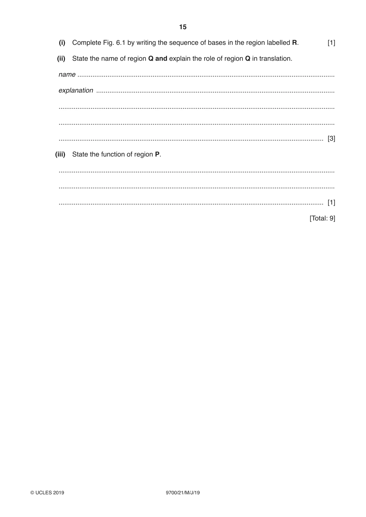 Cambridge A Level Biology 9700 2019 May/June Paper 2 · Variant 1 question paper, page 15 of 16