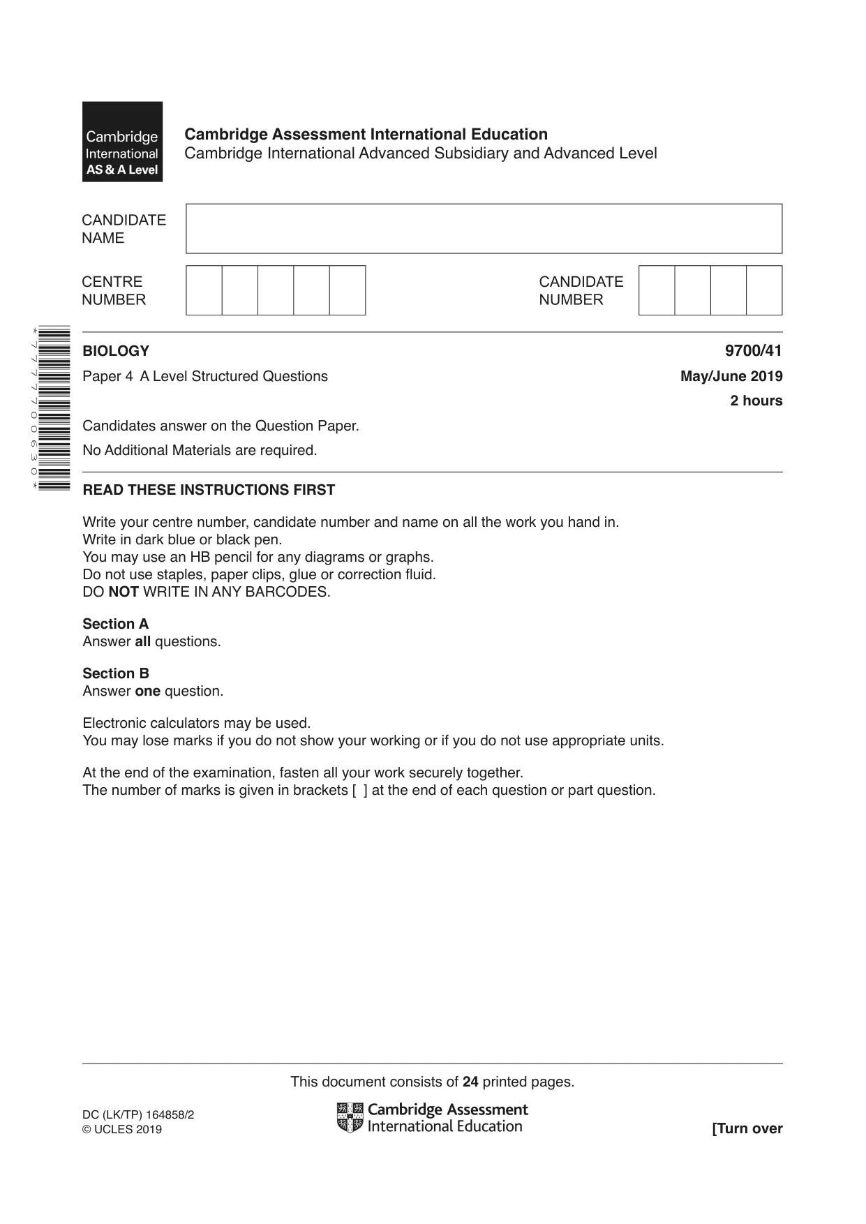 Cambridge A Level Biology 9700 2019 May/June Paper 4 · Variant 1 question paper, page 1 of 24