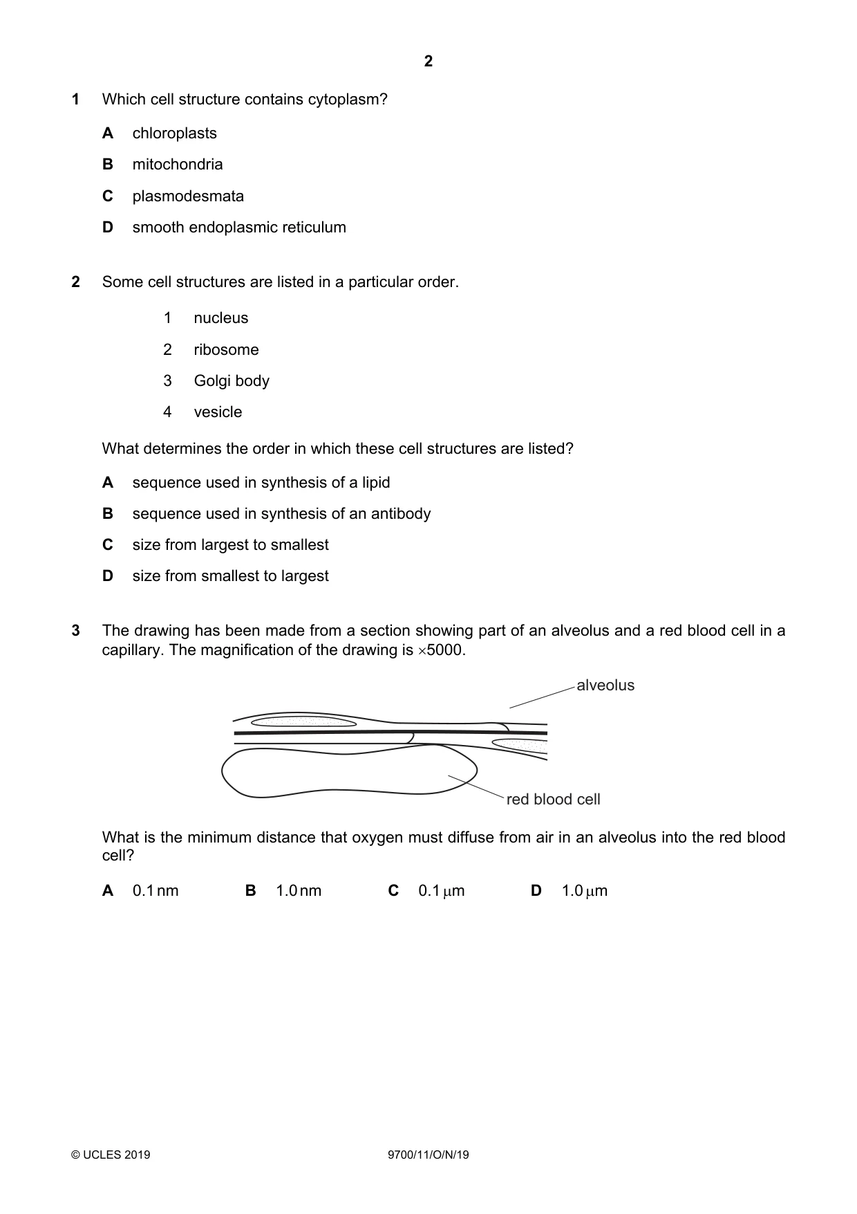Cambridge A Level Biology 9700 2019 Oct/Nov Paper 1 · Variant 1 question paper, page 2 of 20
