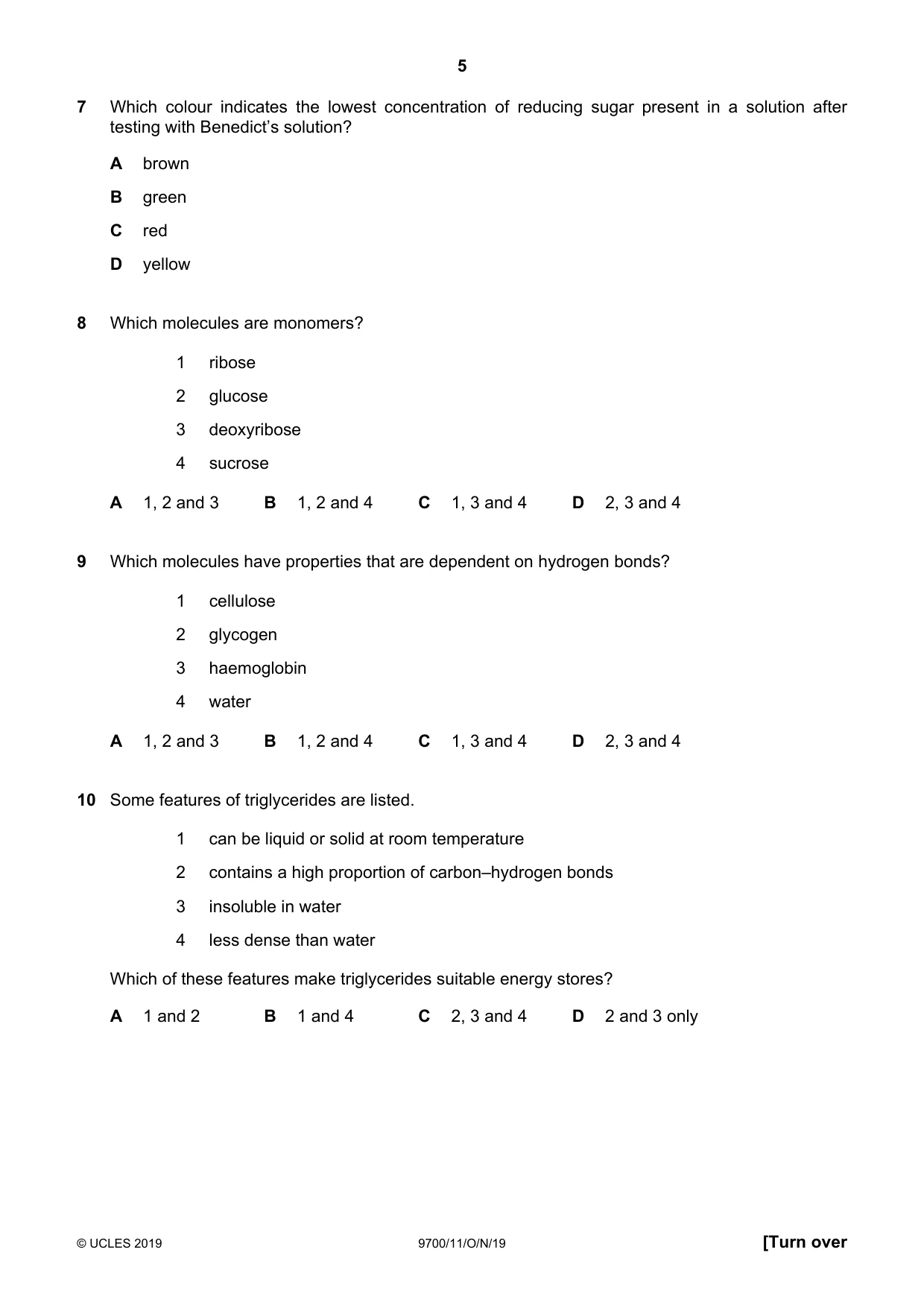 Cambridge A Level Biology 9700 2019 Oct/Nov Paper 1 · Variant 1 question paper, page 5 of 20