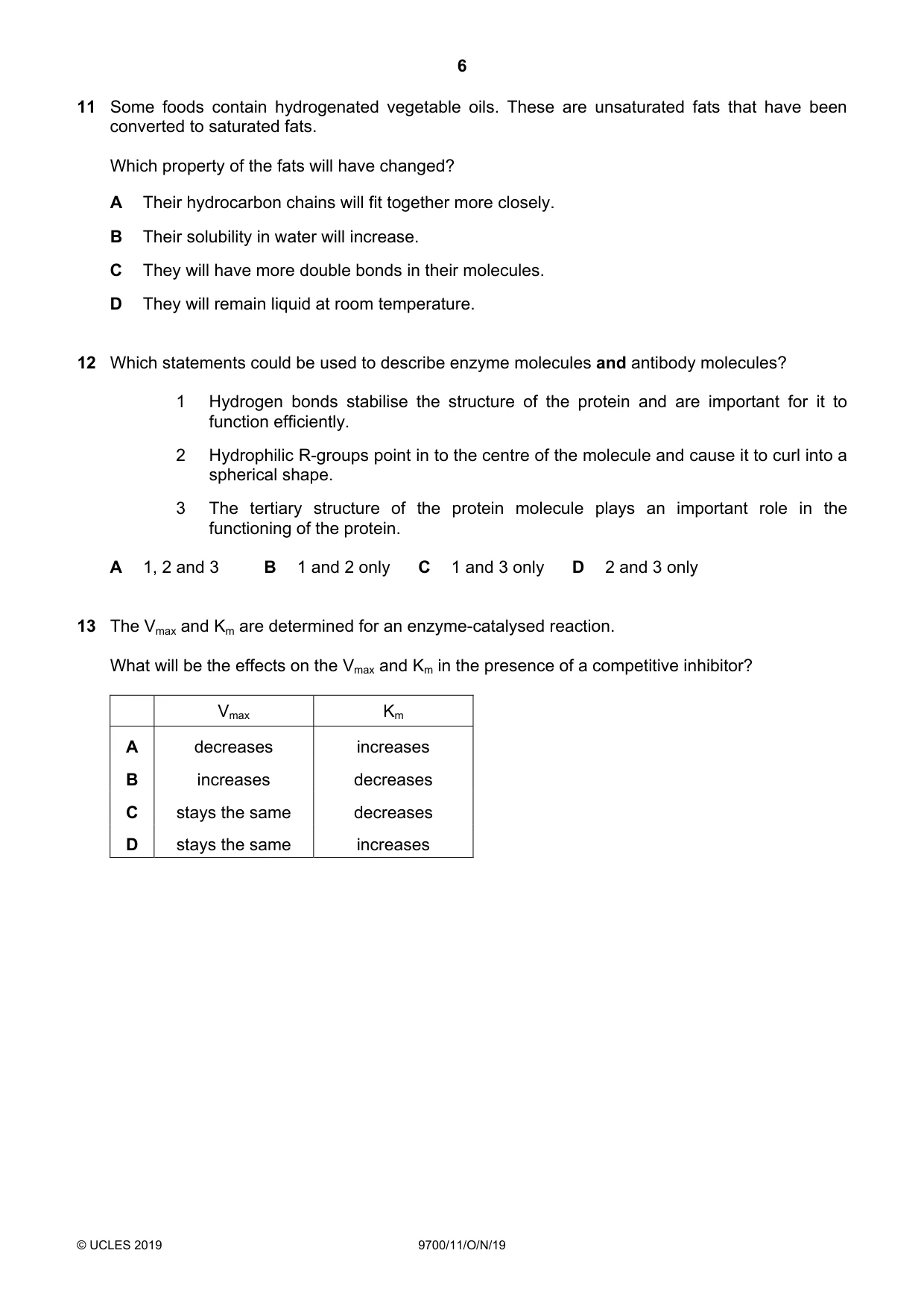 Cambridge A Level Biology 9700 2019 Oct/Nov Paper 1 · Variant 1 question paper, page 6 of 20