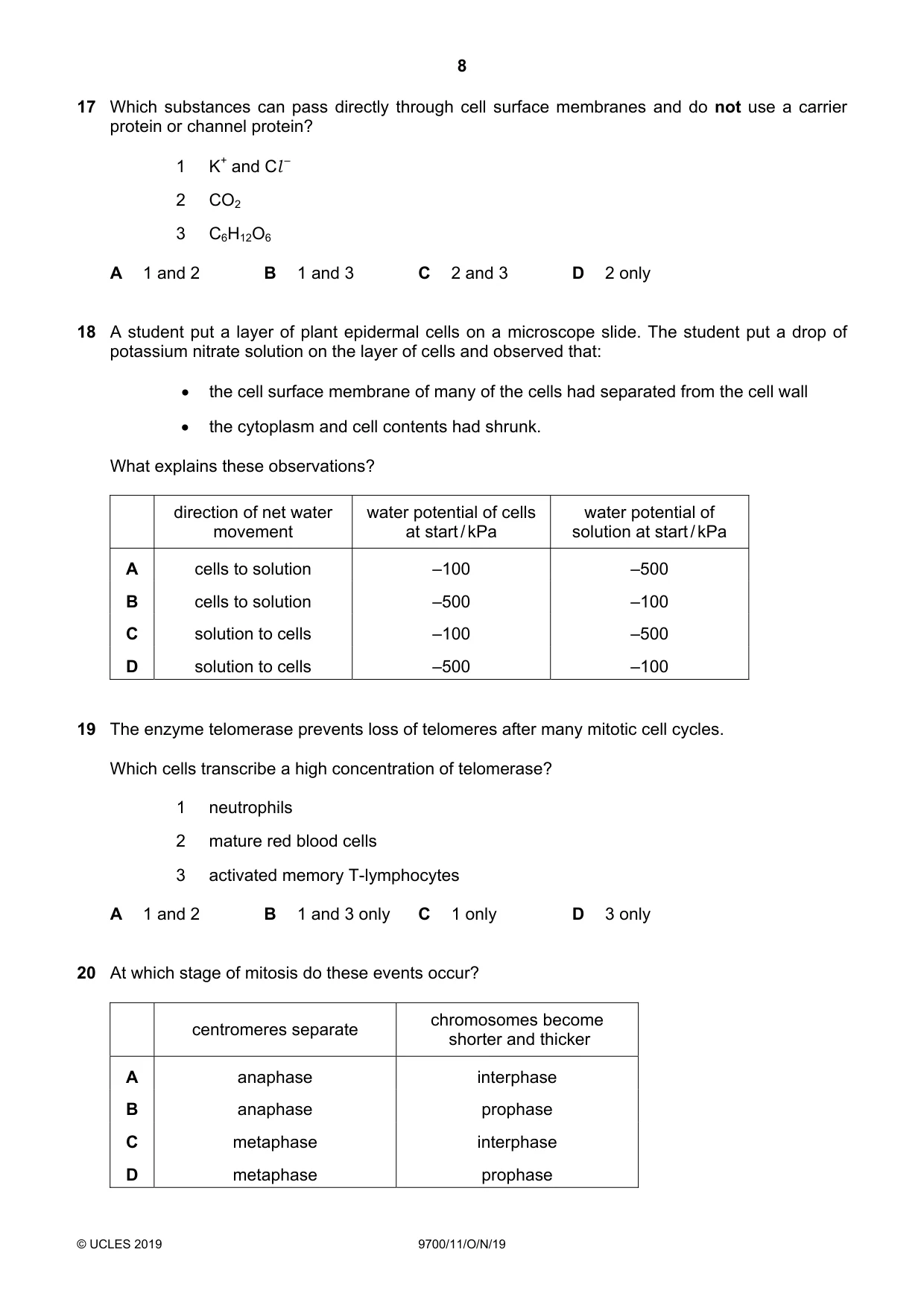 Cambridge A Level Biology 9700 2019 Oct/Nov Paper 1 · Variant 1 question paper, page 8 of 20
