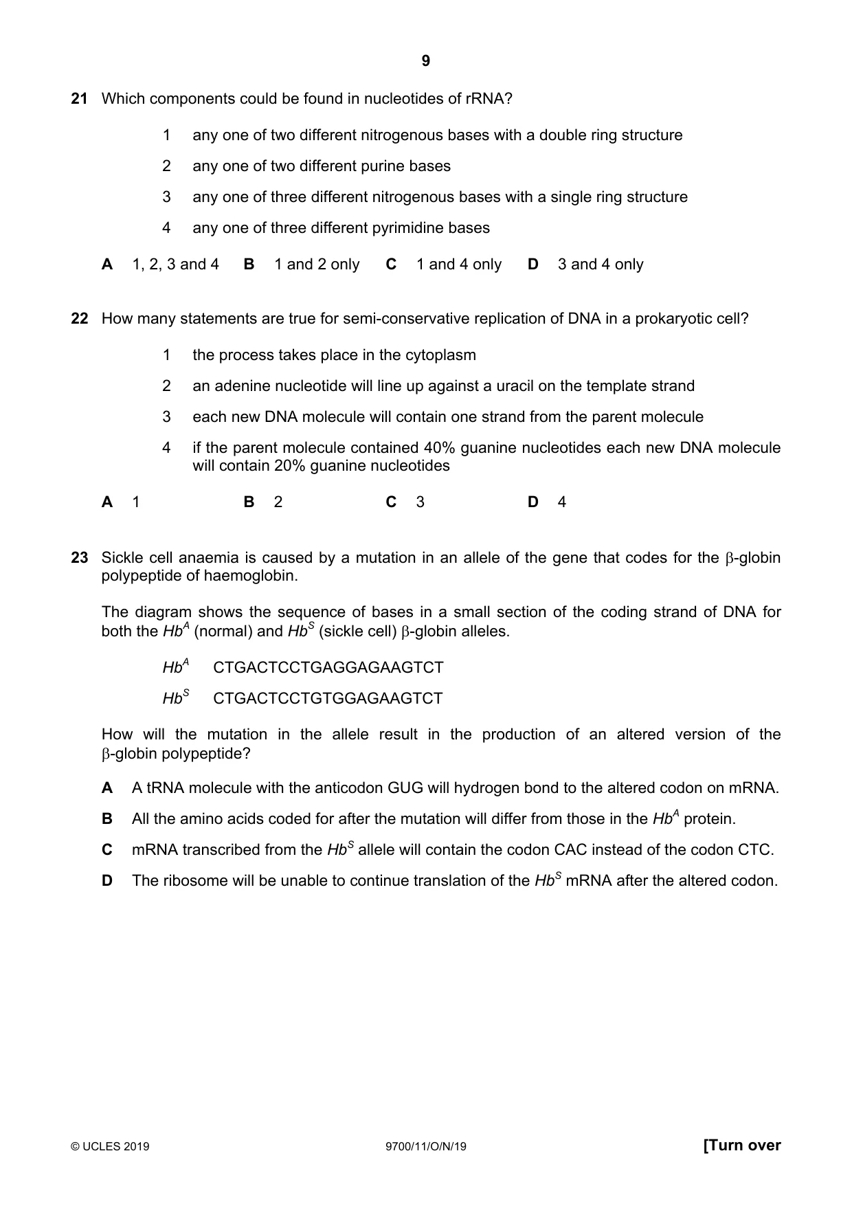 Cambridge A Level Biology 9700 2019 Oct/Nov Paper 1 · Variant 1 question paper, page 9 of 20