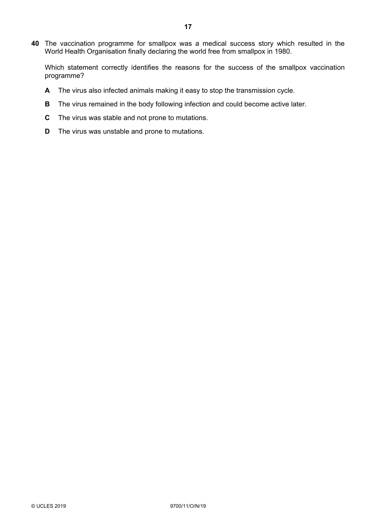 Cambridge A Level Biology 9700 2019 Oct/Nov Paper 1 · Variant 1 question paper, page 17 of 20