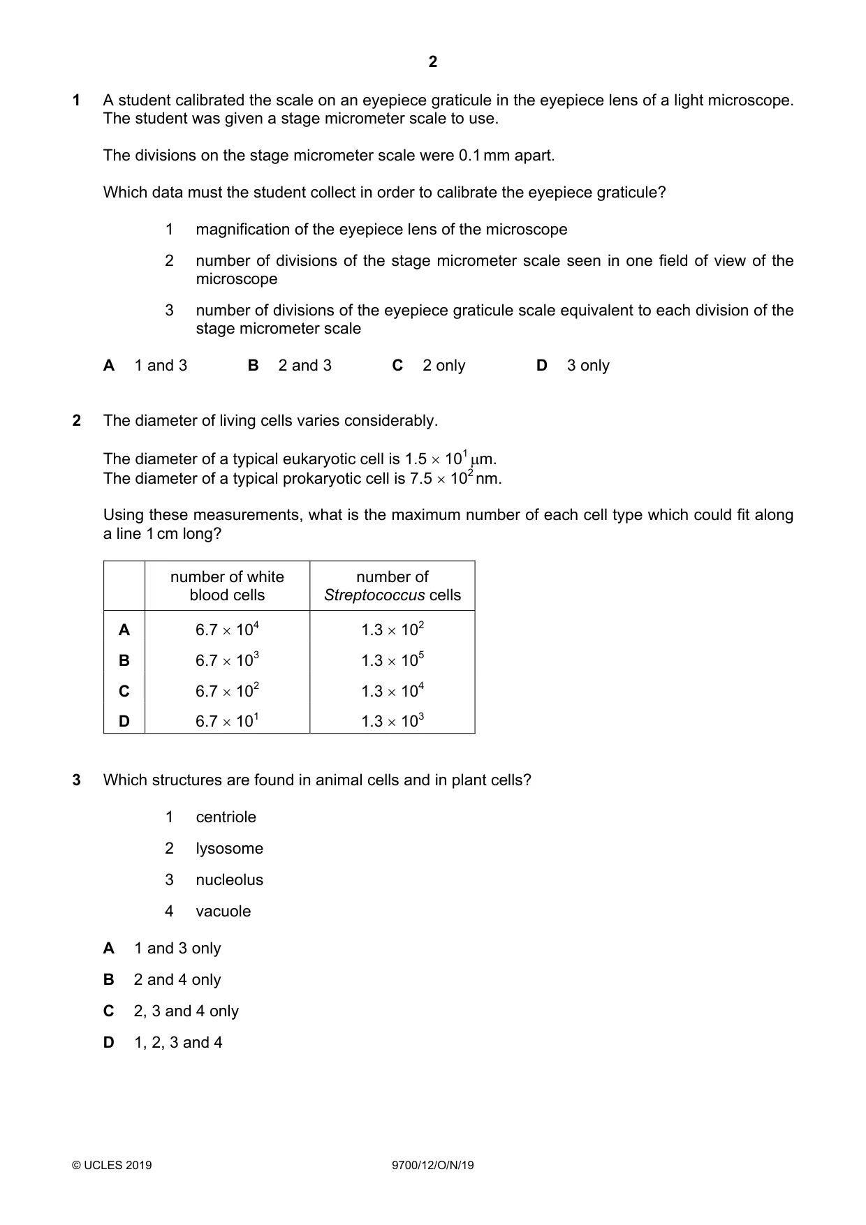 Cambridge A Level Biology 9700 2019 Oct/Nov Paper 1 · Variant 2 question paper, page 2 of 20