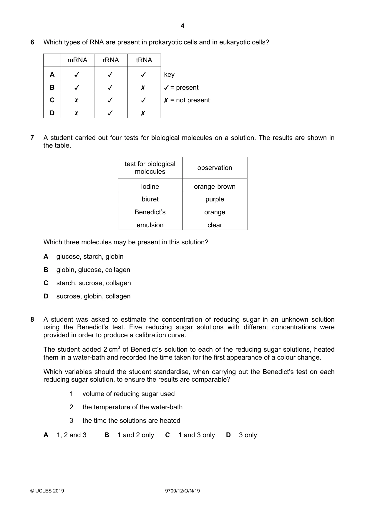 Cambridge A Level Biology 9700 2019 Oct/Nov Paper 1 · Variant 2 question paper, page 4 of 20