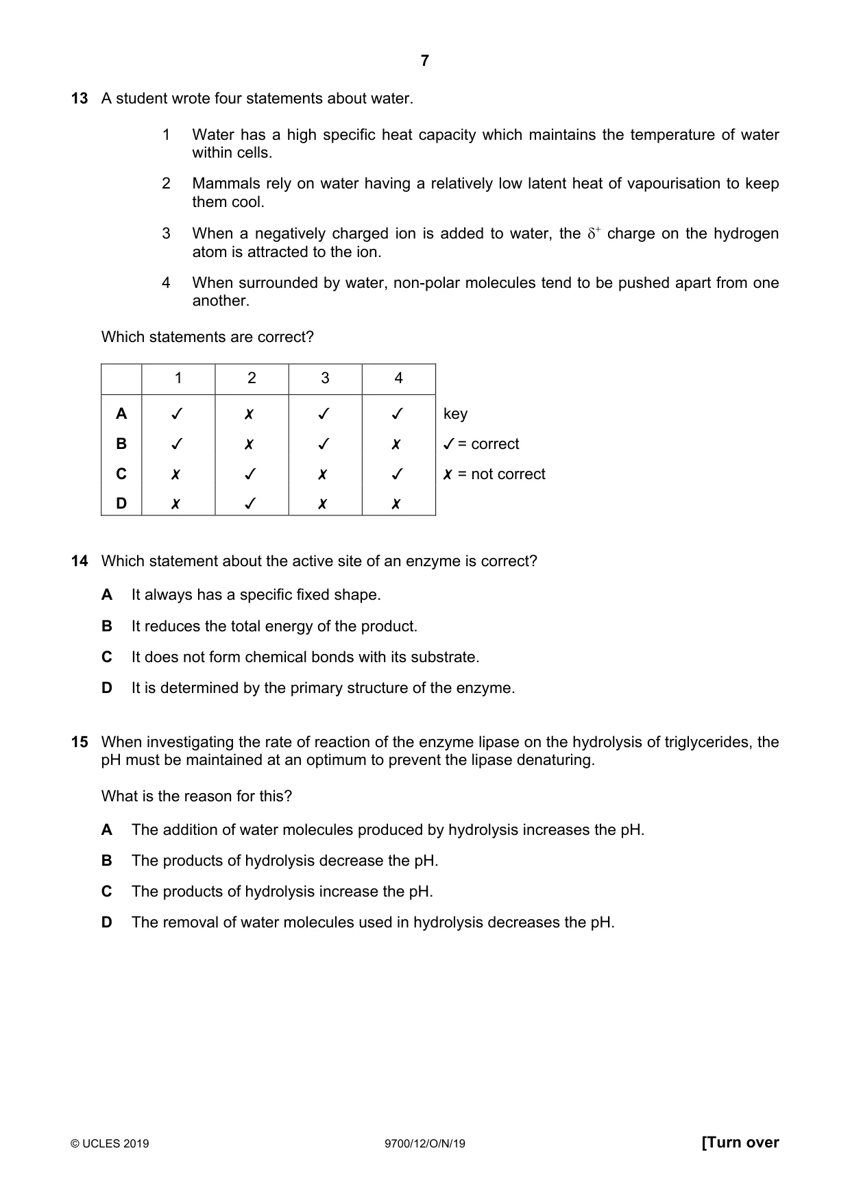 Cambridge A Level Biology 9700 2019 Oct/Nov Paper 1 · Variant 2 question paper, page 7 of 20