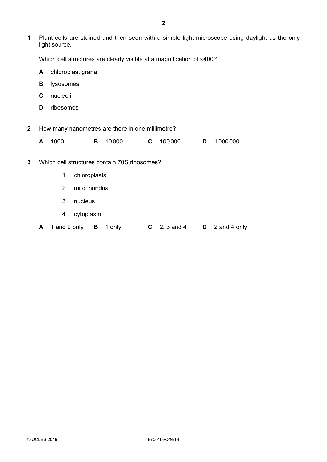 Cambridge A Level Biology 9700 2019 Oct/Nov Paper 1 · Variant 3 question paper, page 2 of 20