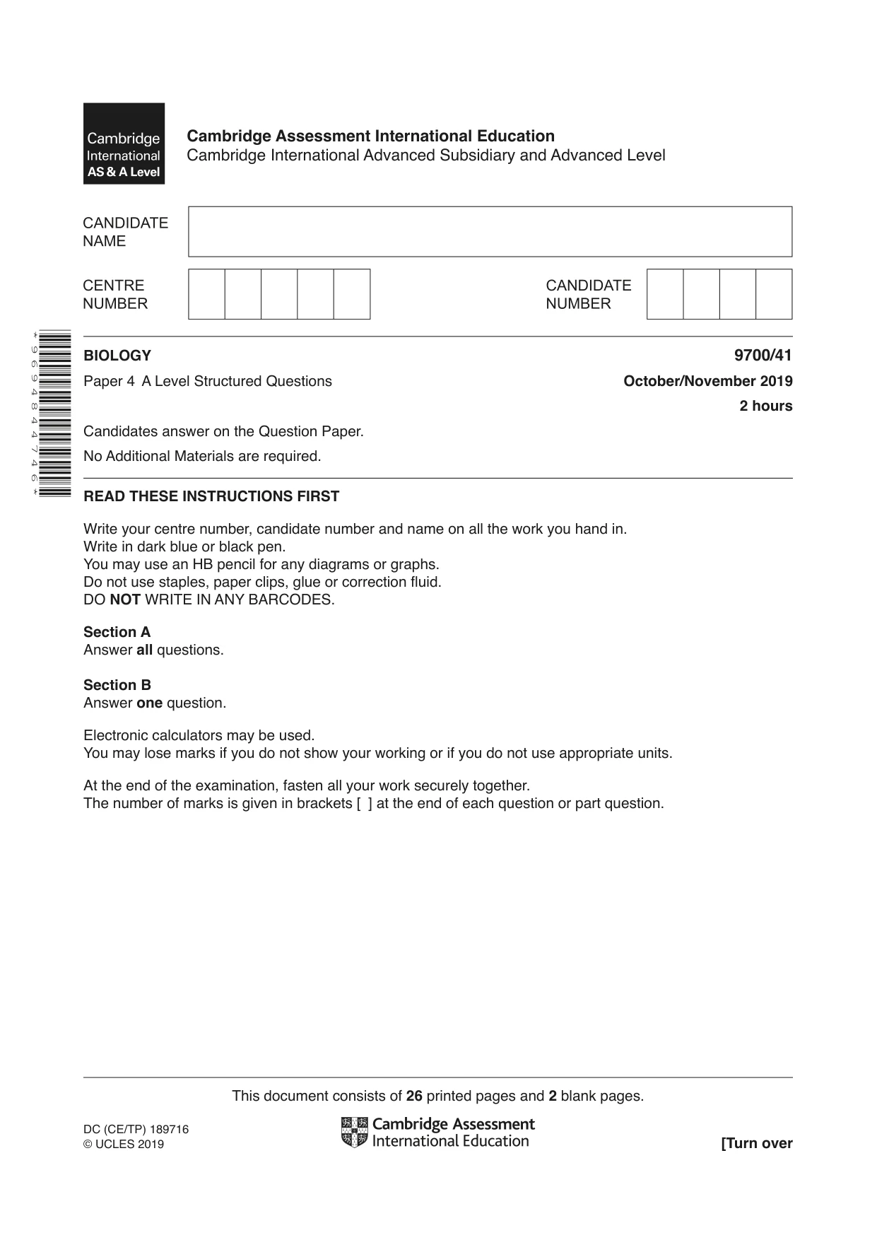 Cambridge A Level Biology 9700 2019 Oct/Nov Paper 4 · Variant 1 question paper, page 1 of 28